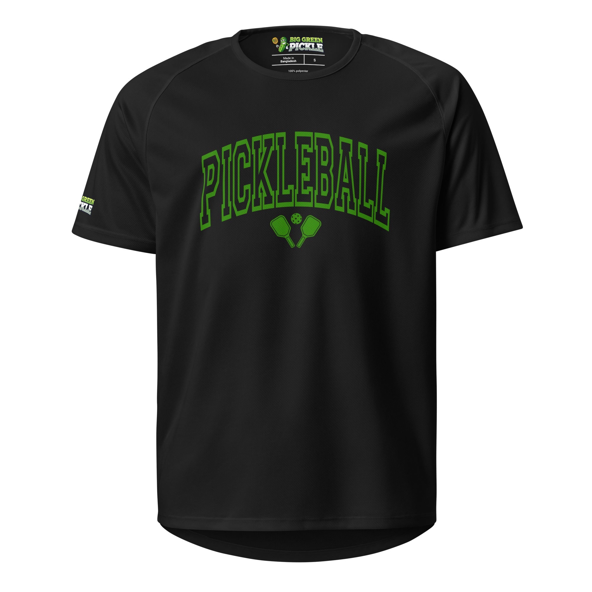 Green Arched Letters "PICKLEBALL" on Moisture Wicking Polyester Mesh T-Shirt - Black