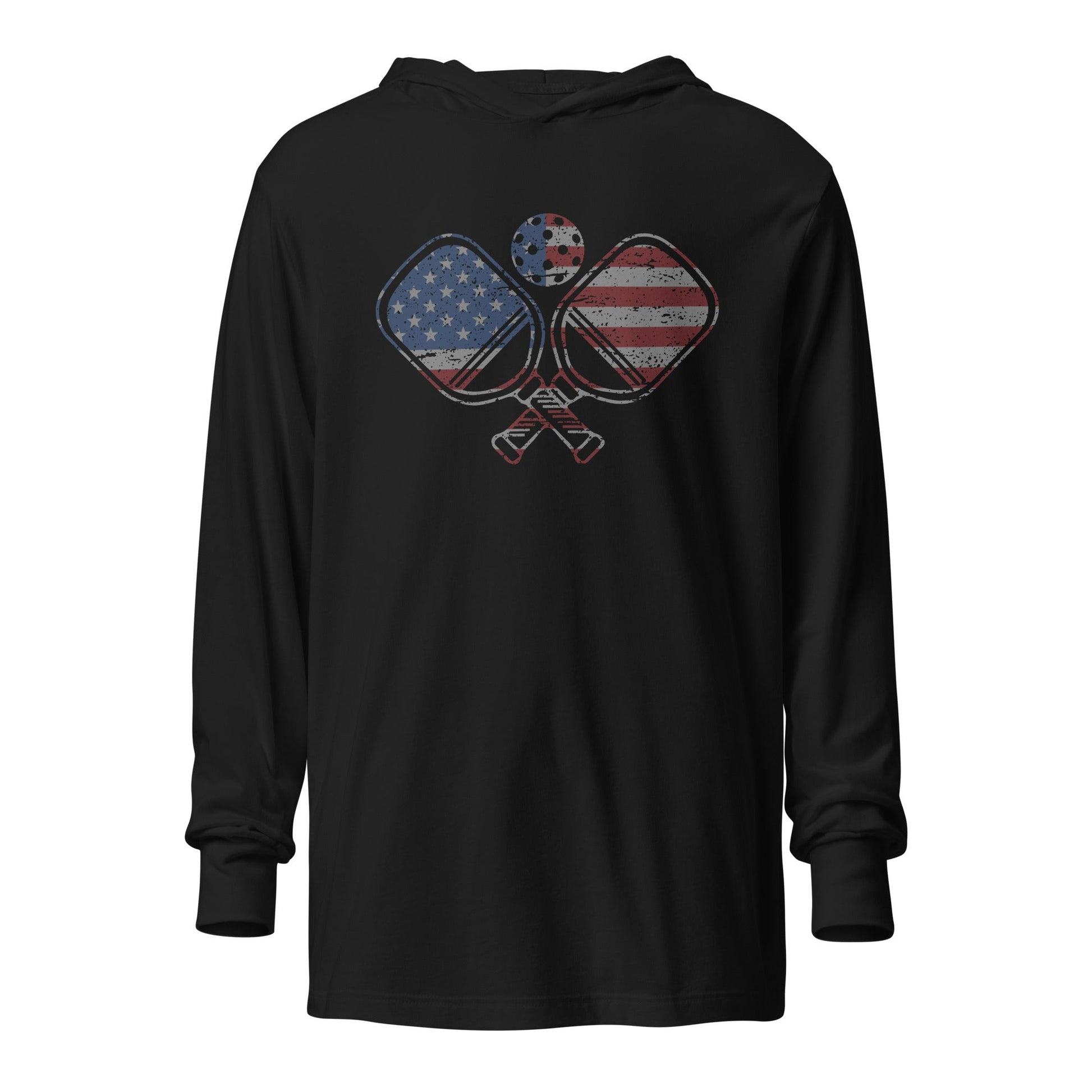 American Flag Pickleball hooded long - sleeve tee - Black
