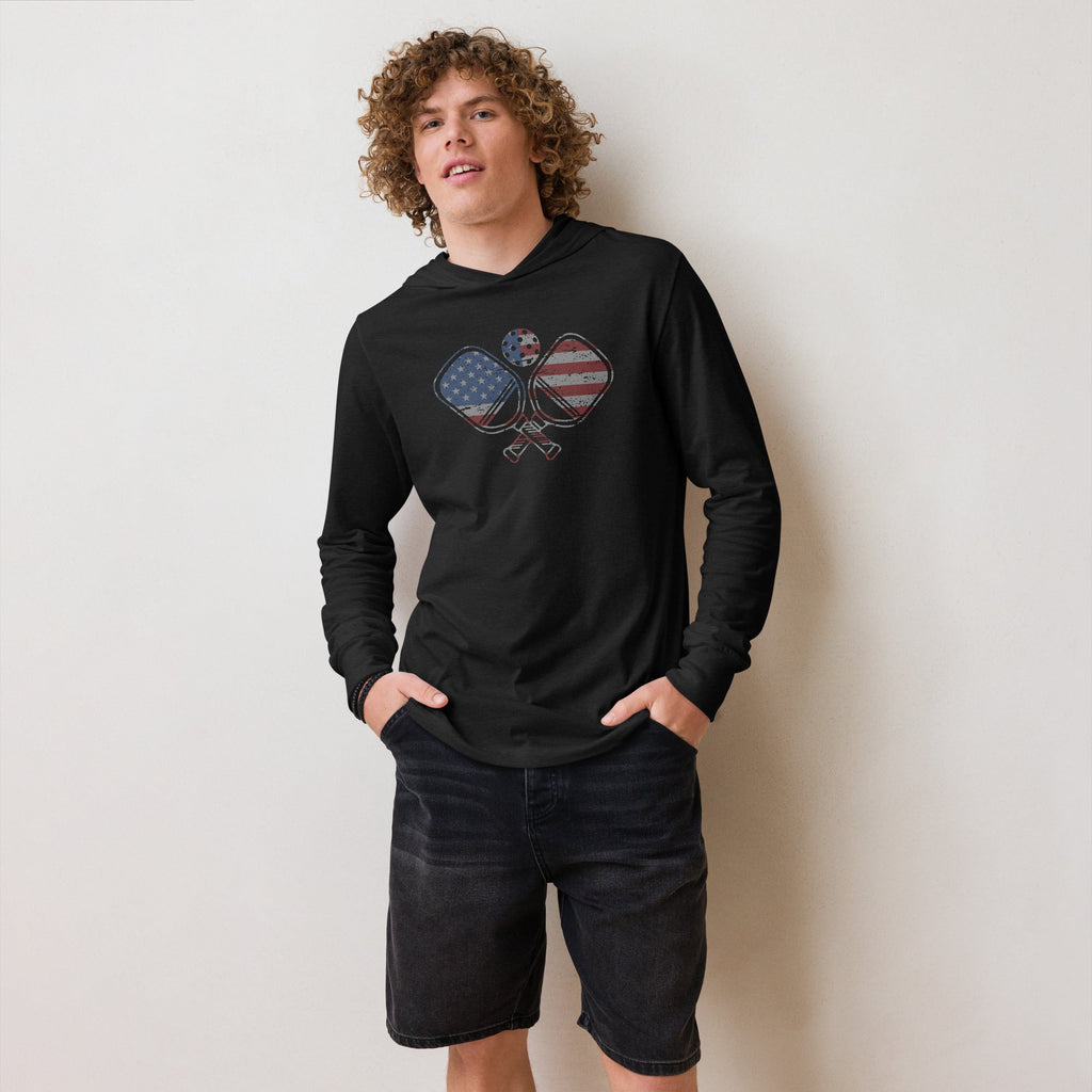 American Flag Pickleball hooded long - sleeve tee - Charcoal - Black Triblend