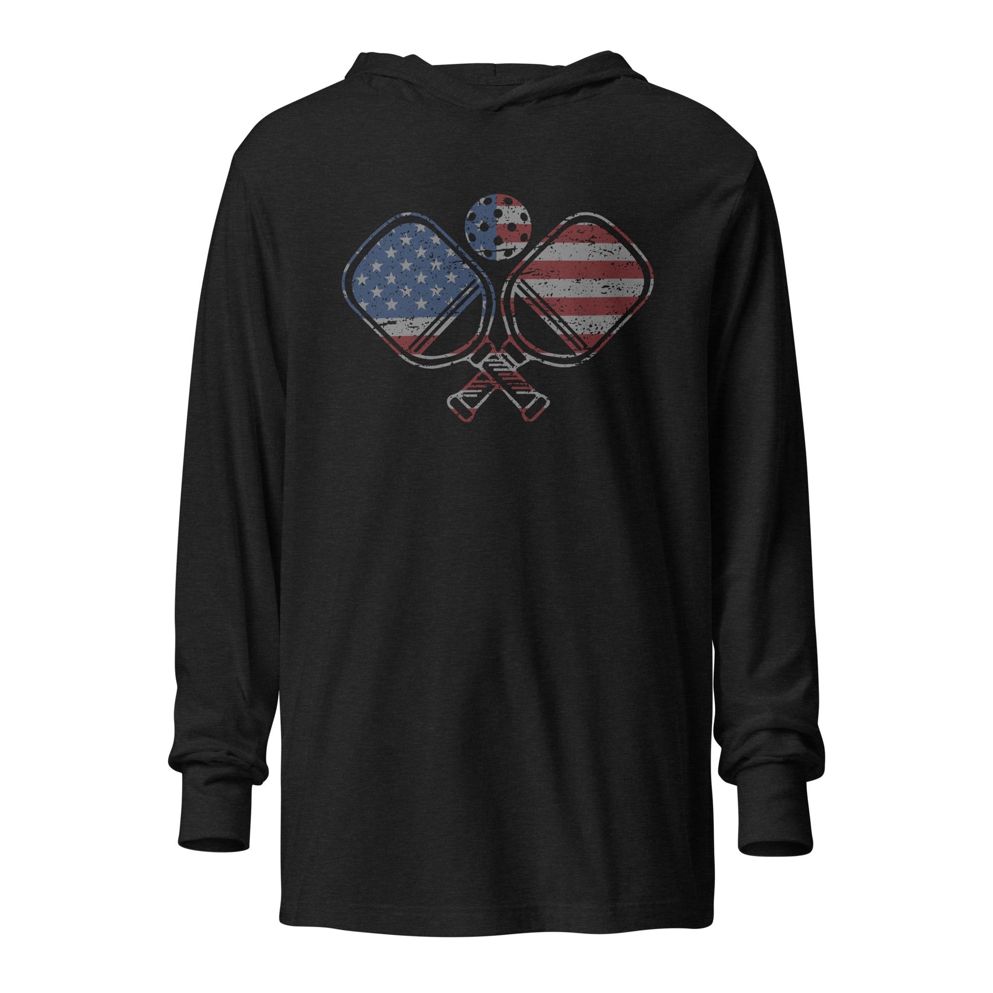 American Flag Pickleball hooded long - sleeve tee - Charcoal - Black Triblend