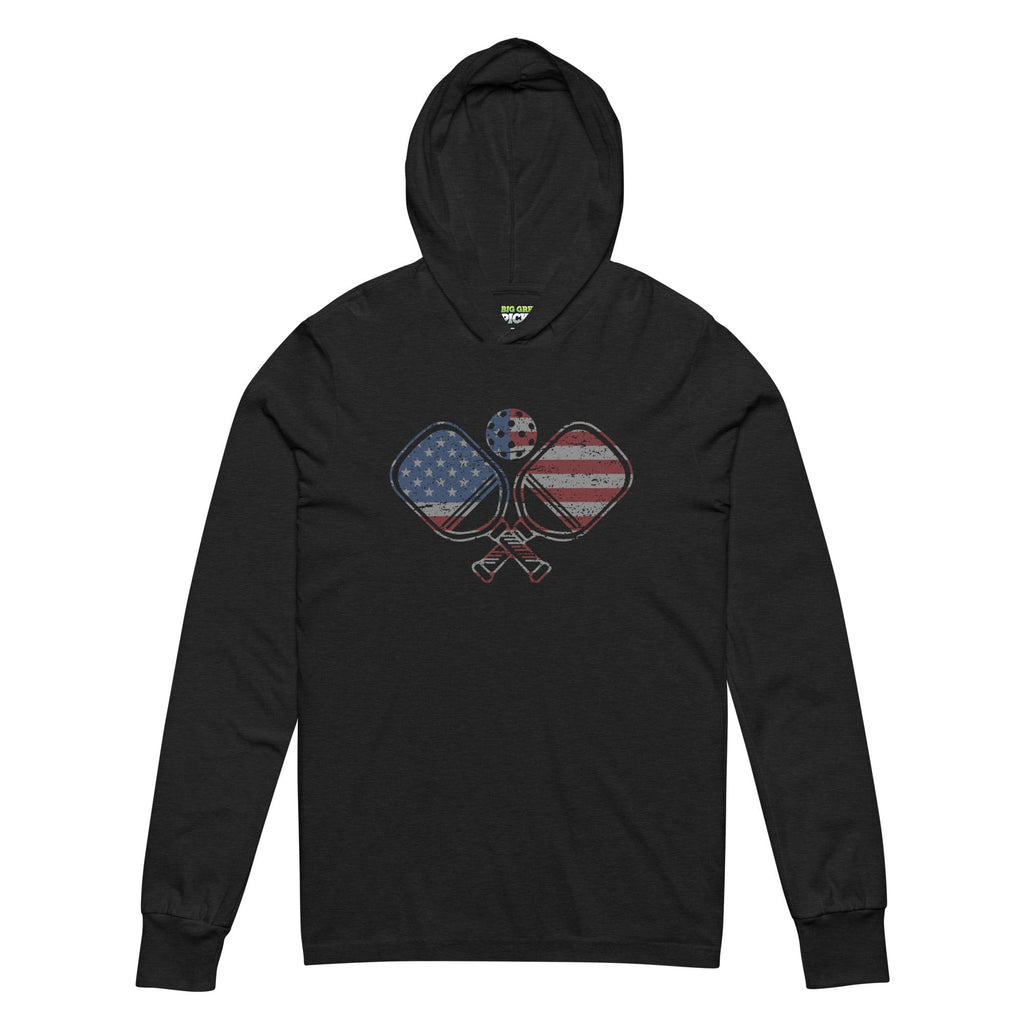 American Flag Pickleball hooded long - sleeve tee - Charcoal - Black Triblend
