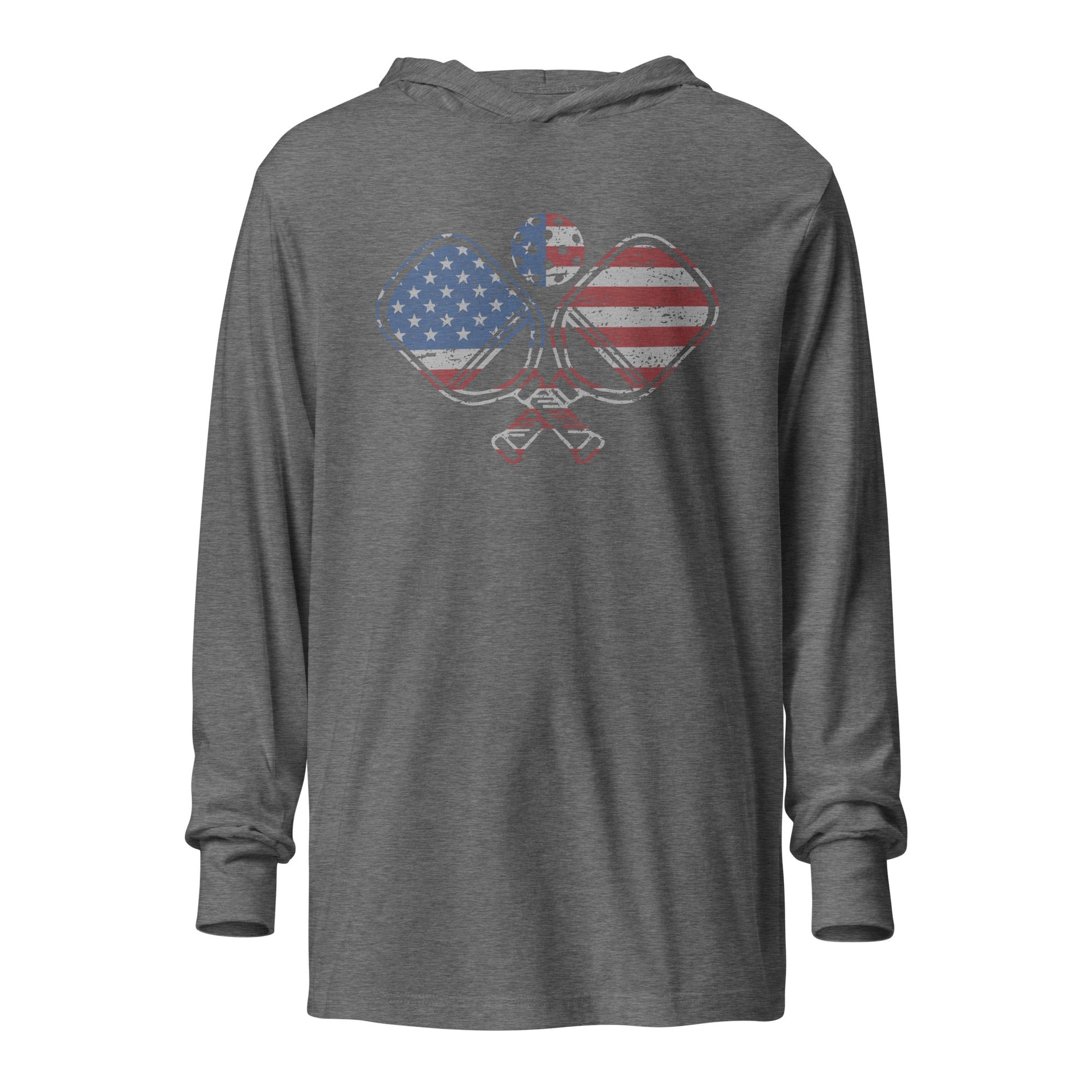 American Flag Pickleball hooded long - sleeve tee - Grey Triblend
