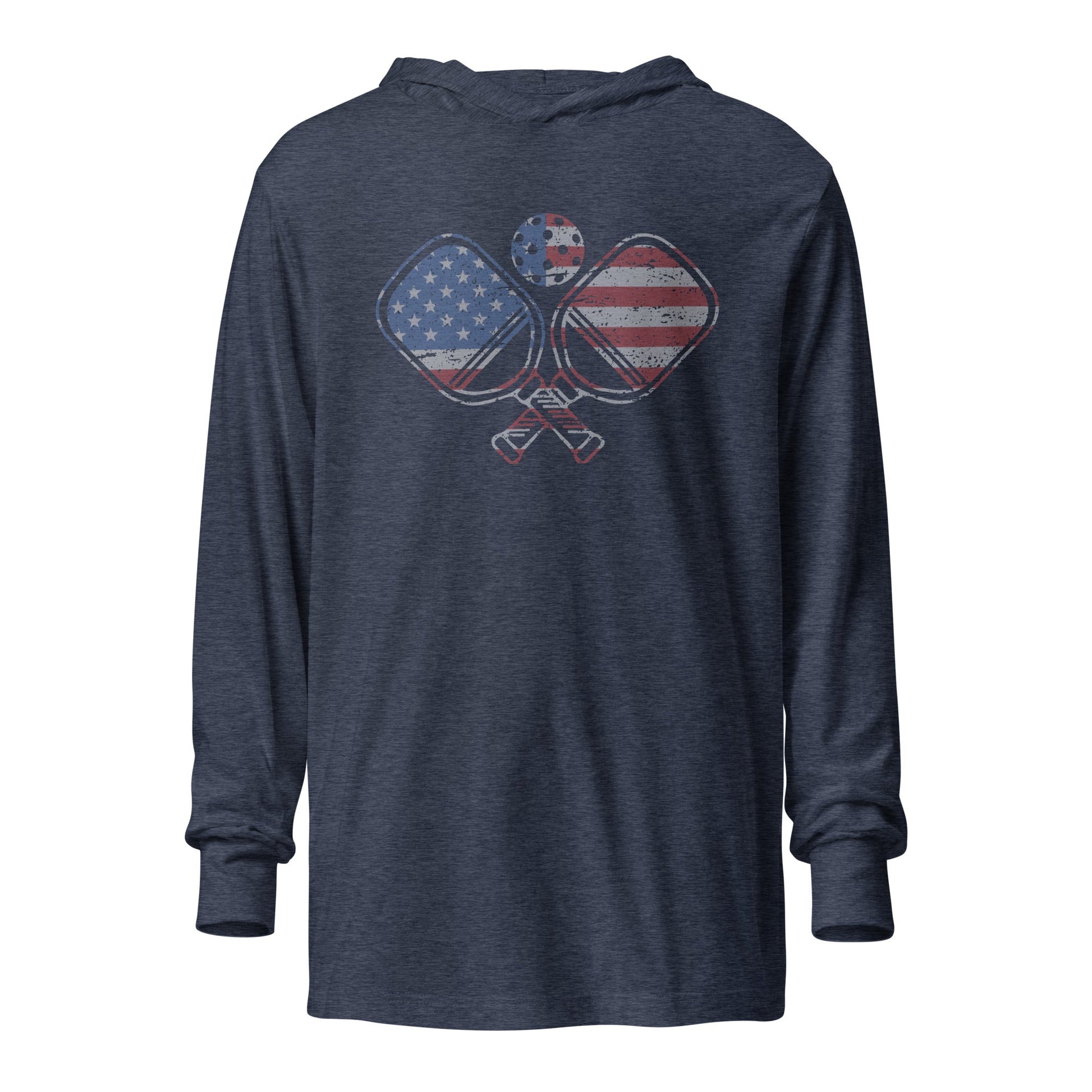 American Flag Pickleball hooded long - sleeve tee - Heather Navy