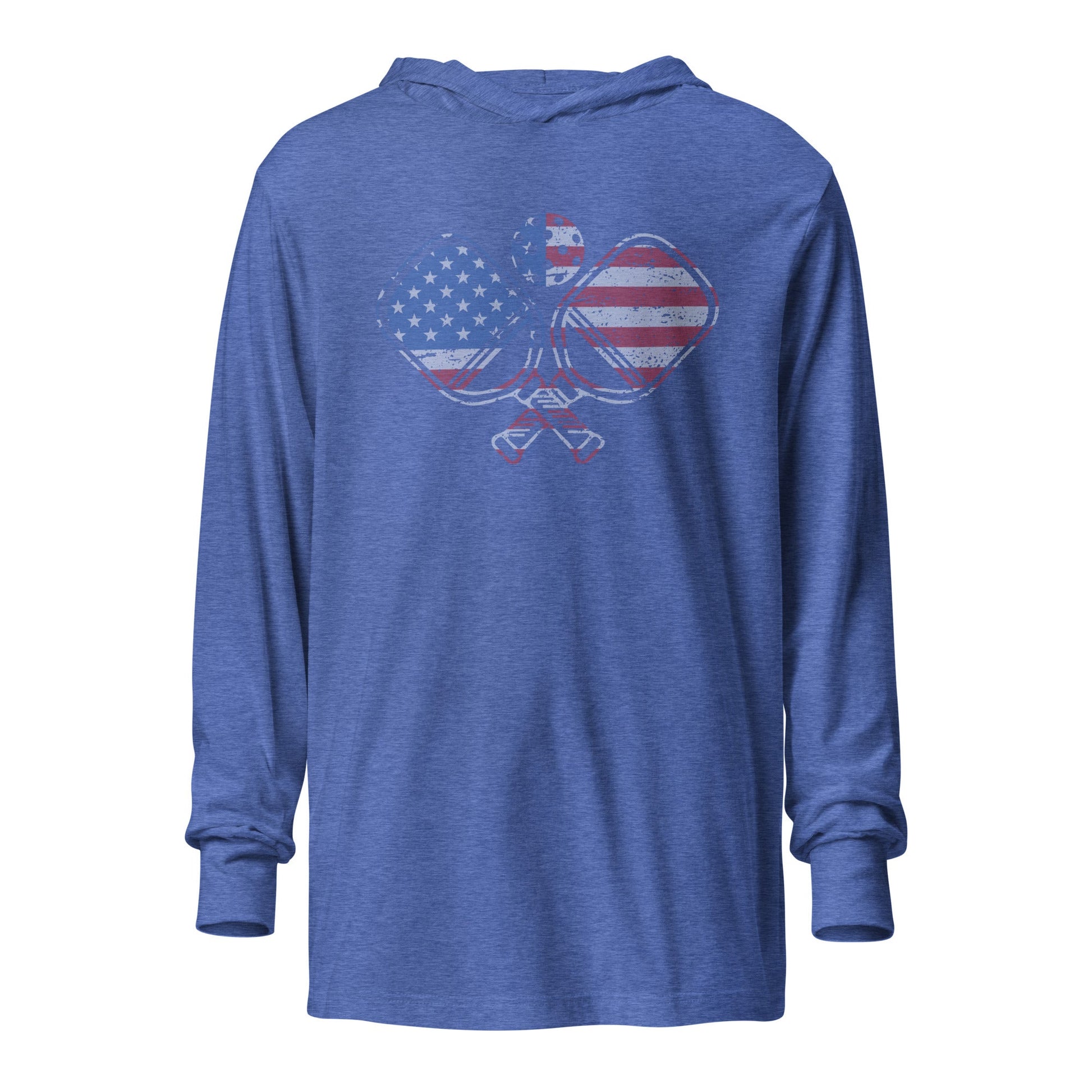 American Flag Pickleball hooded long - sleeve tee - Heather True Royal