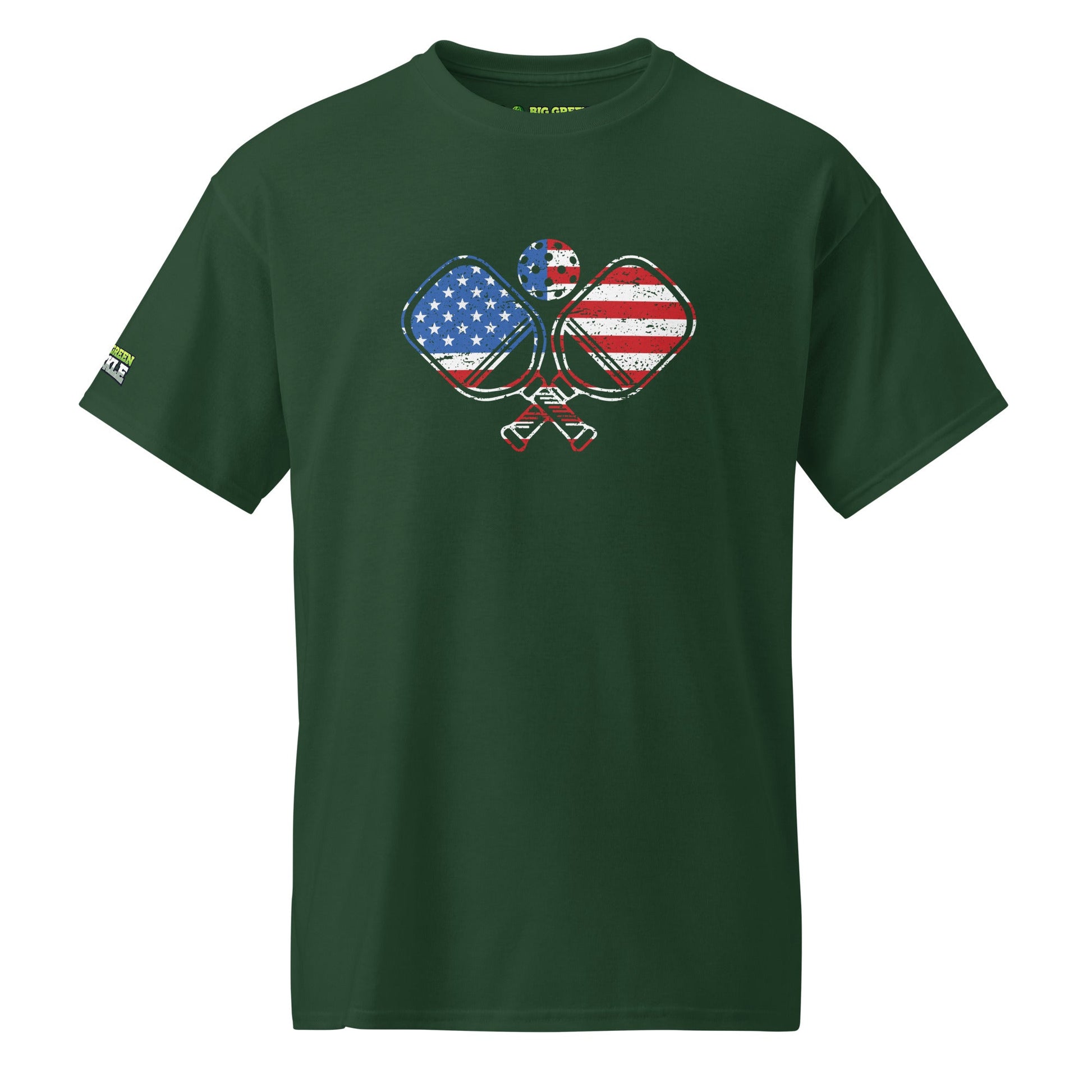 American Flag Pickleball on 50/50 DryBlend T-Shirt - Forest Green