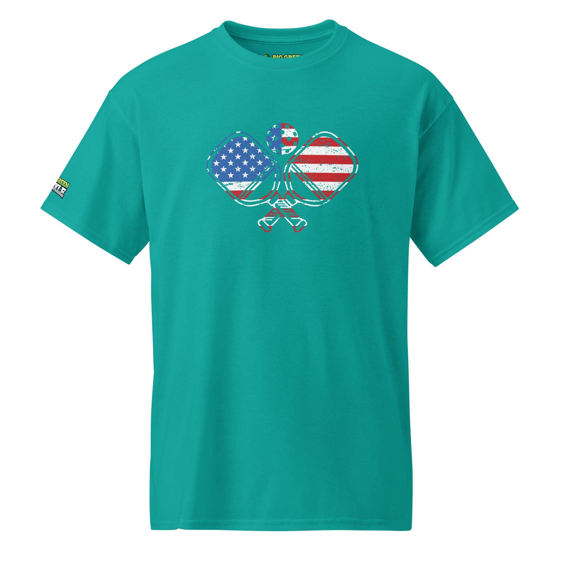 American Flag Pickleball on 50/50 DryBlend T-Shirt - Jade Dome