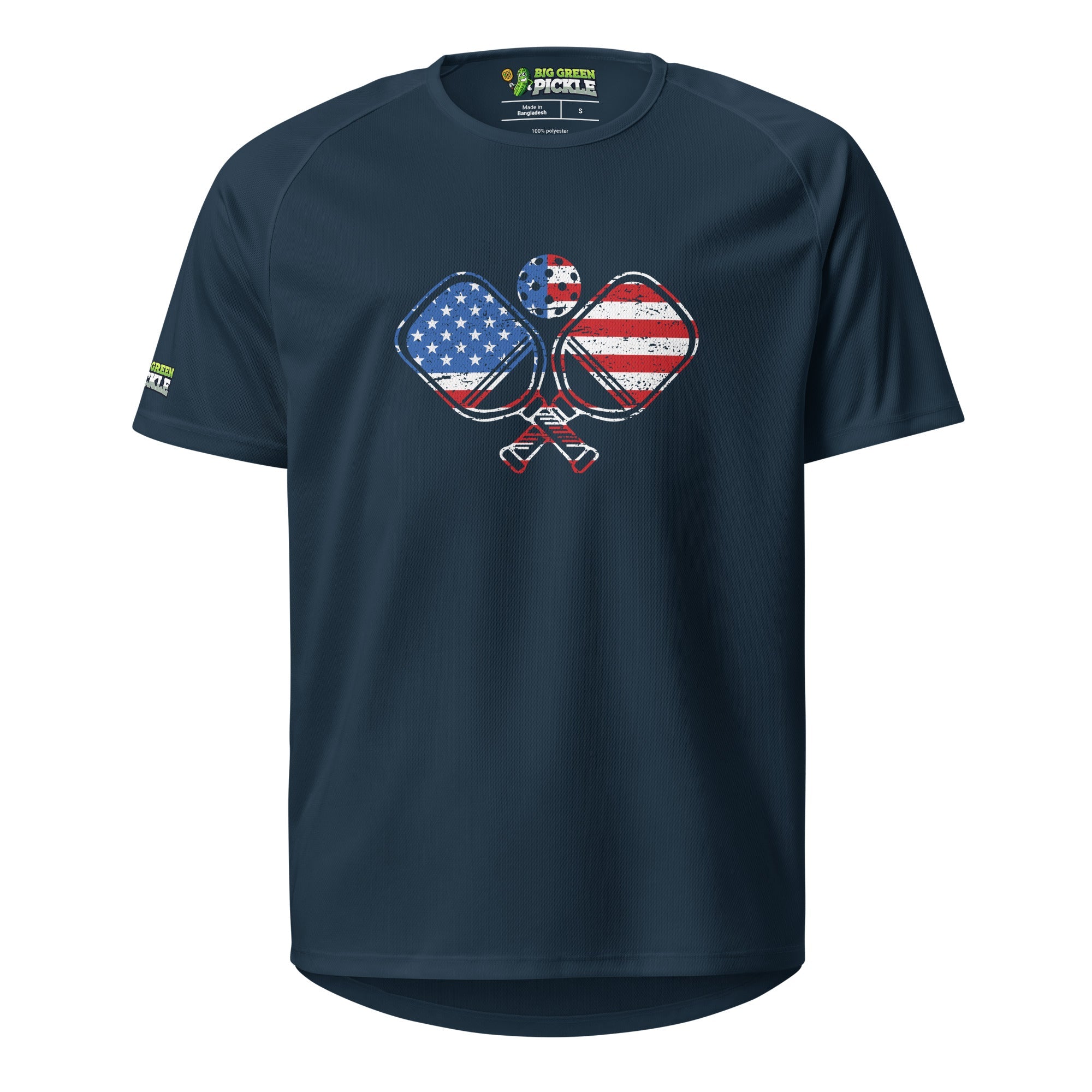American Flag Pickleball on Polyester Mesh Jersey T-Shirt - French Navy