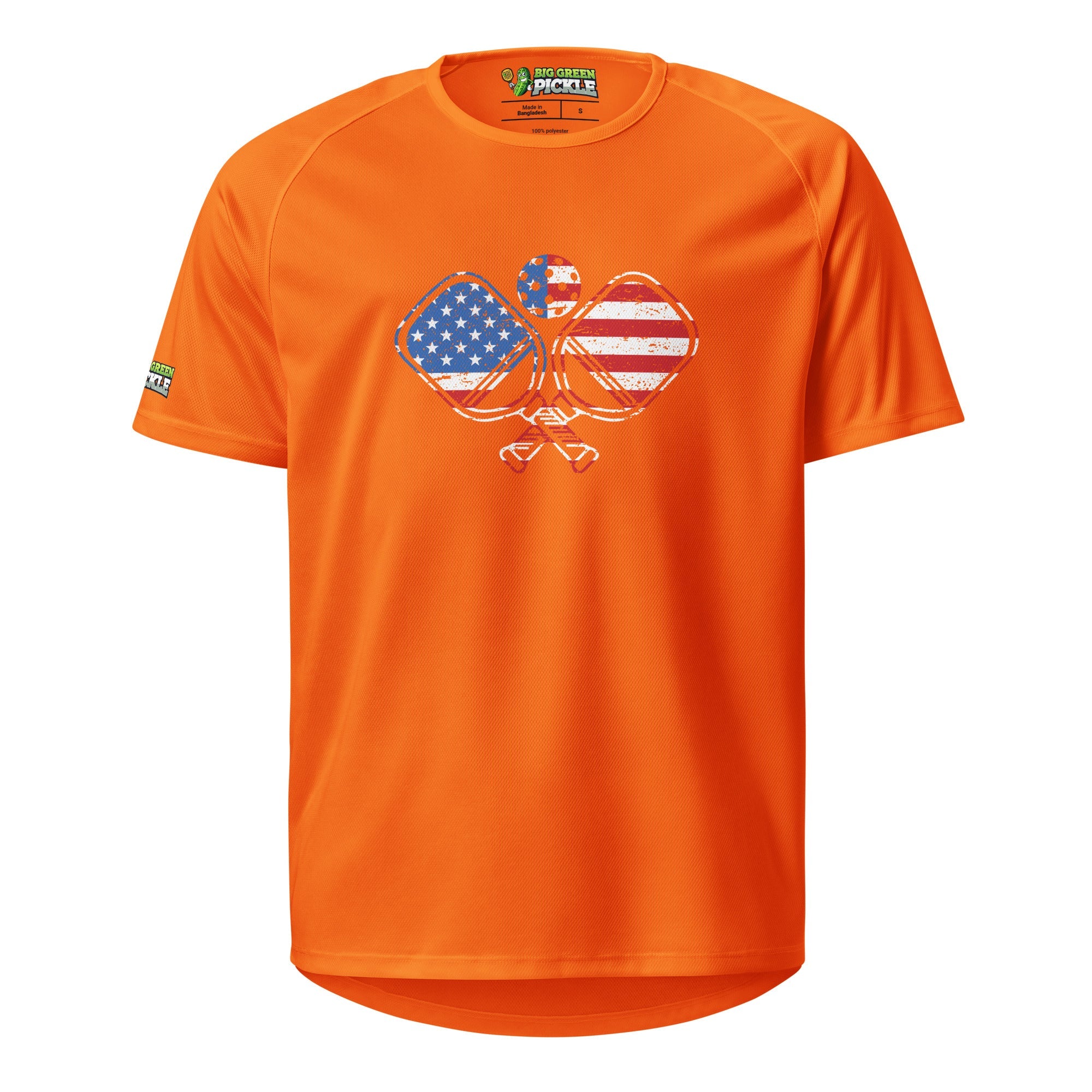 American Flag Pickleball on Polyester Mesh Jersey T-Shirt - Neon Orange