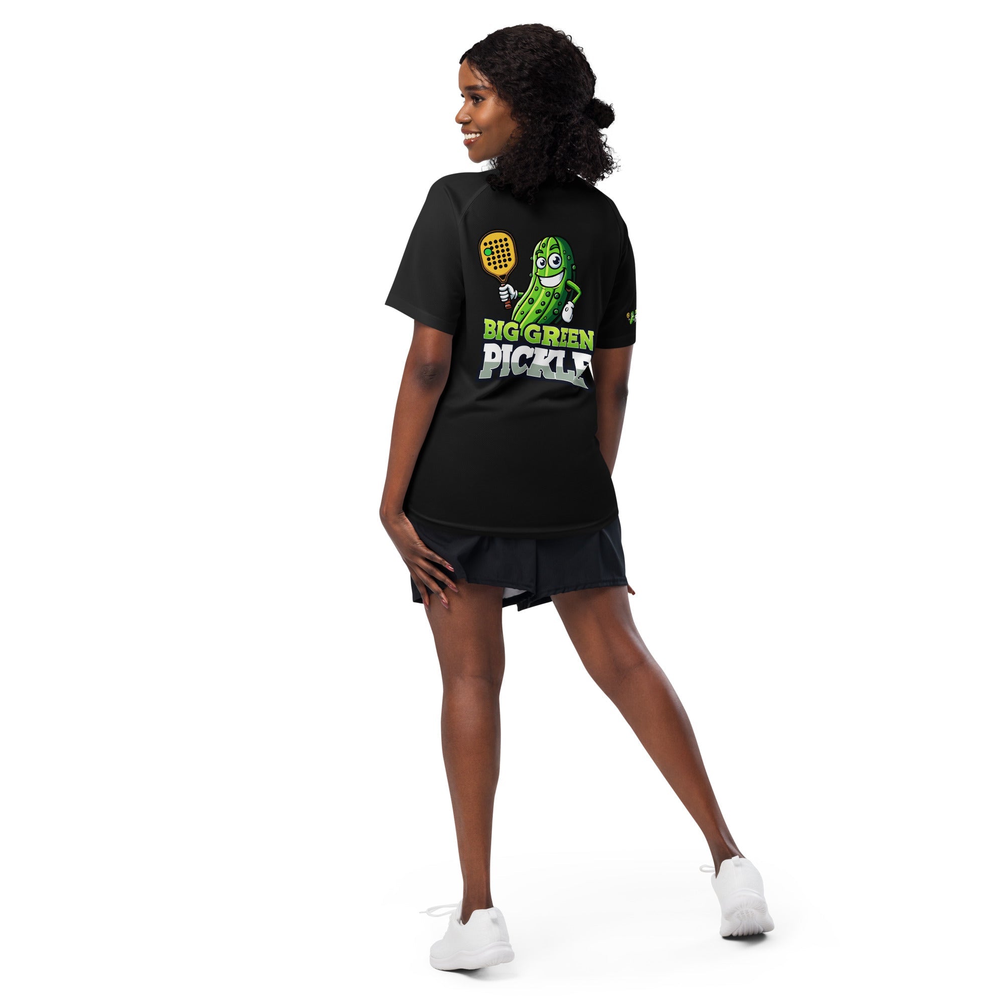 Big Green Pickle Moisture Wicking Polyester Mesh T-Shirt (front/back) - Black