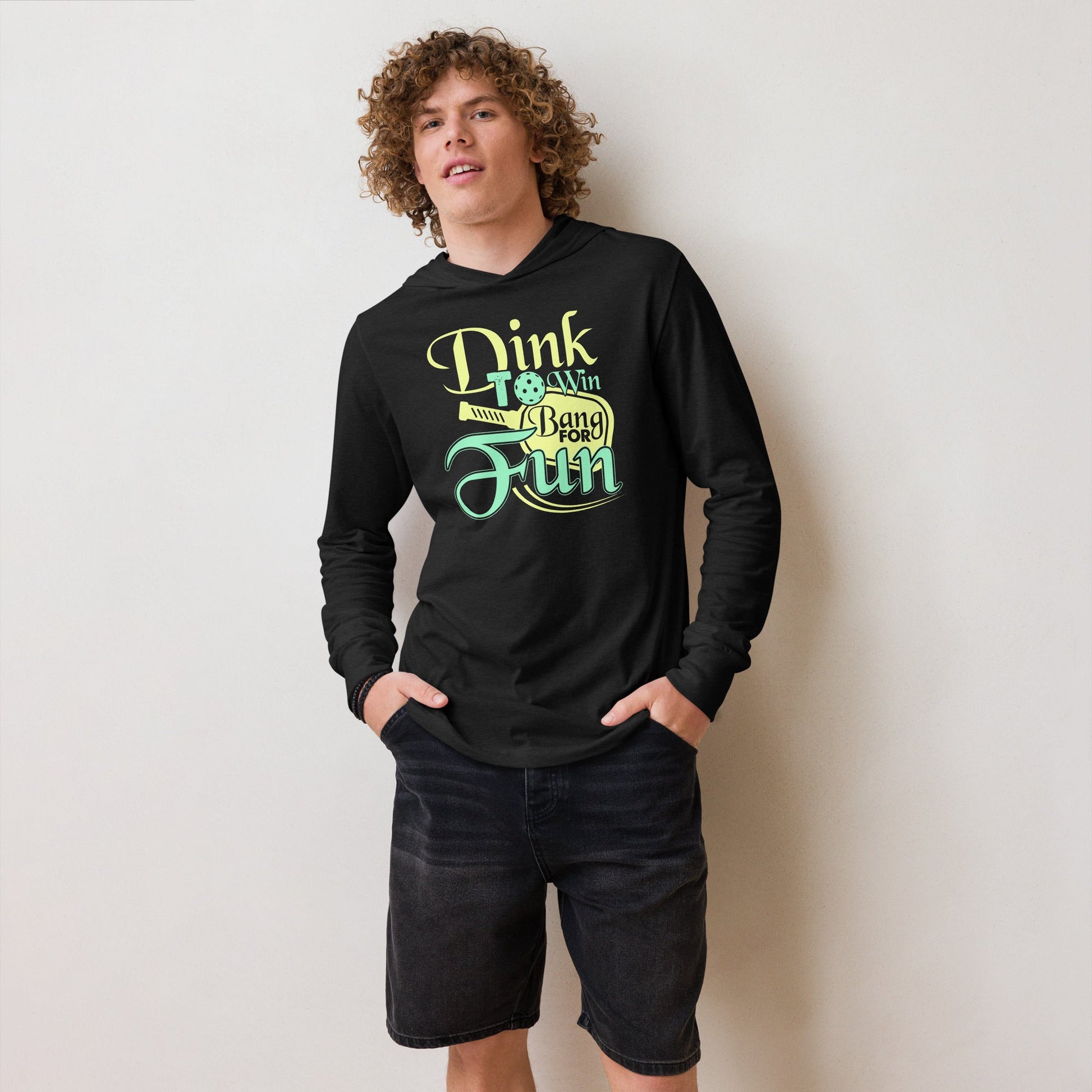Dink to Win, Bang for Fun Pickleball Hooded Long Sleeve Tee - Charcoal - Black Triblend