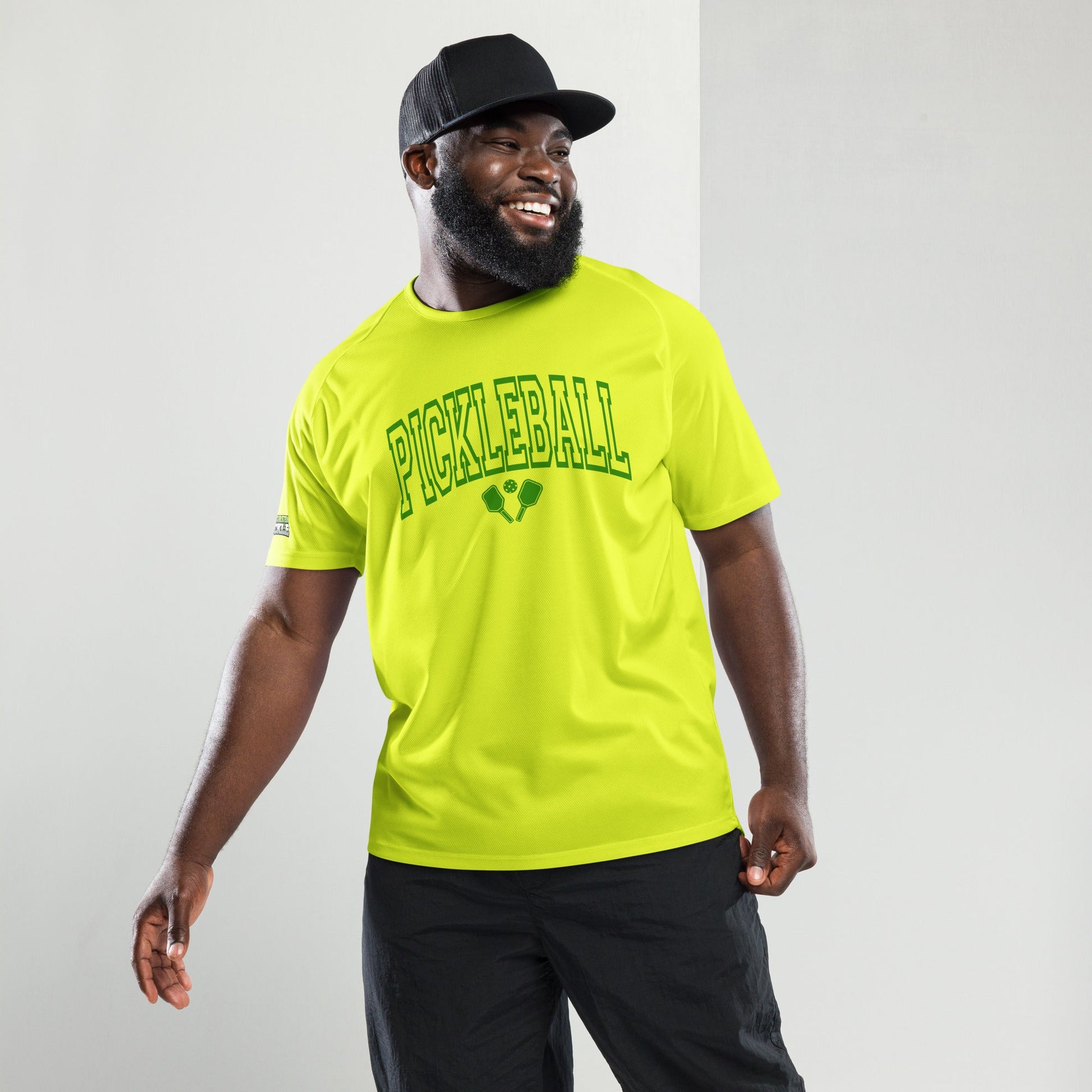 Green Arched Letters "PICKLEBALL" on Moisture Wicking Polyester Mesh T-Shirt - Black