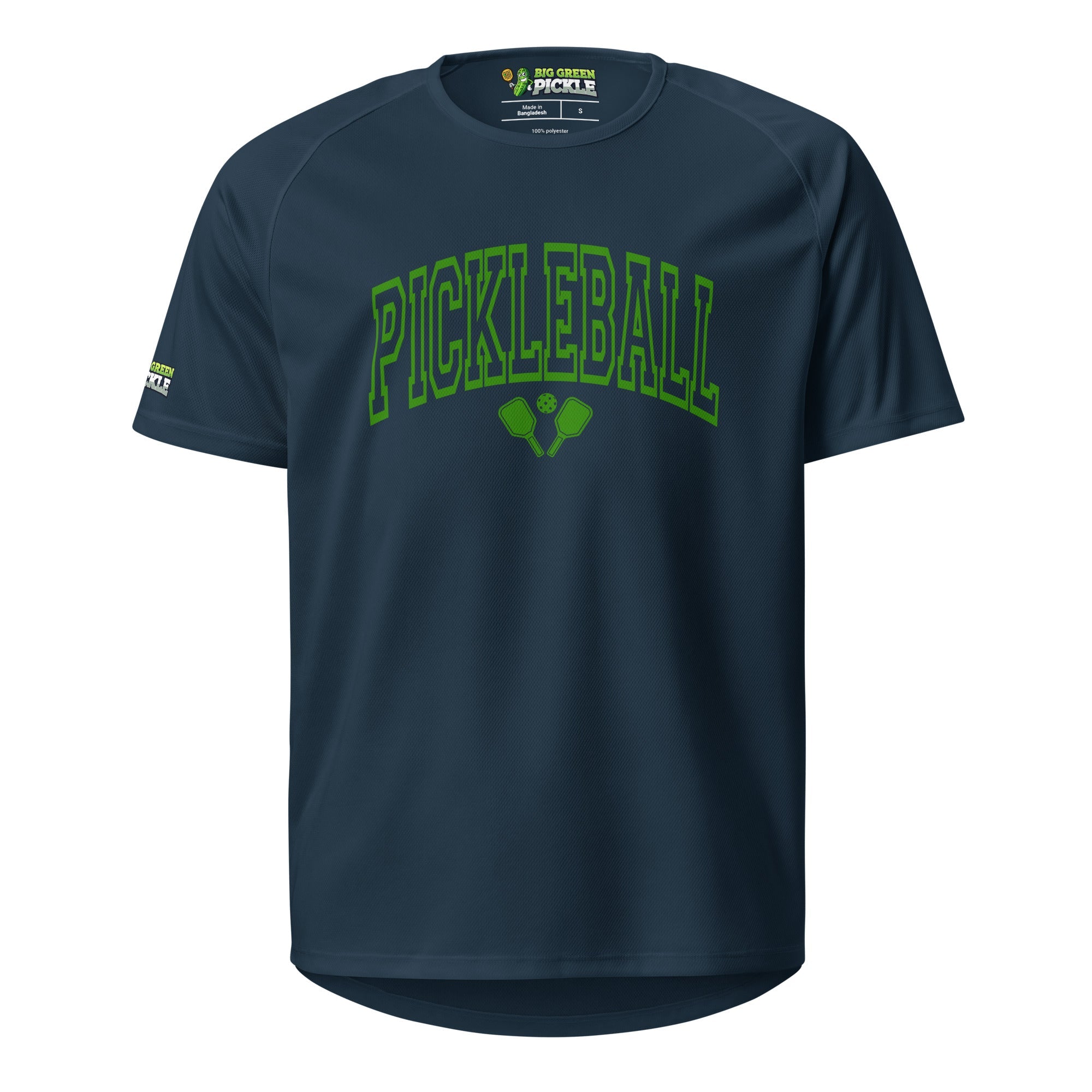 Green Arched Letters "PICKLEBALL" on Moisture Wicking Polyester Mesh T-Shirt - French Navy