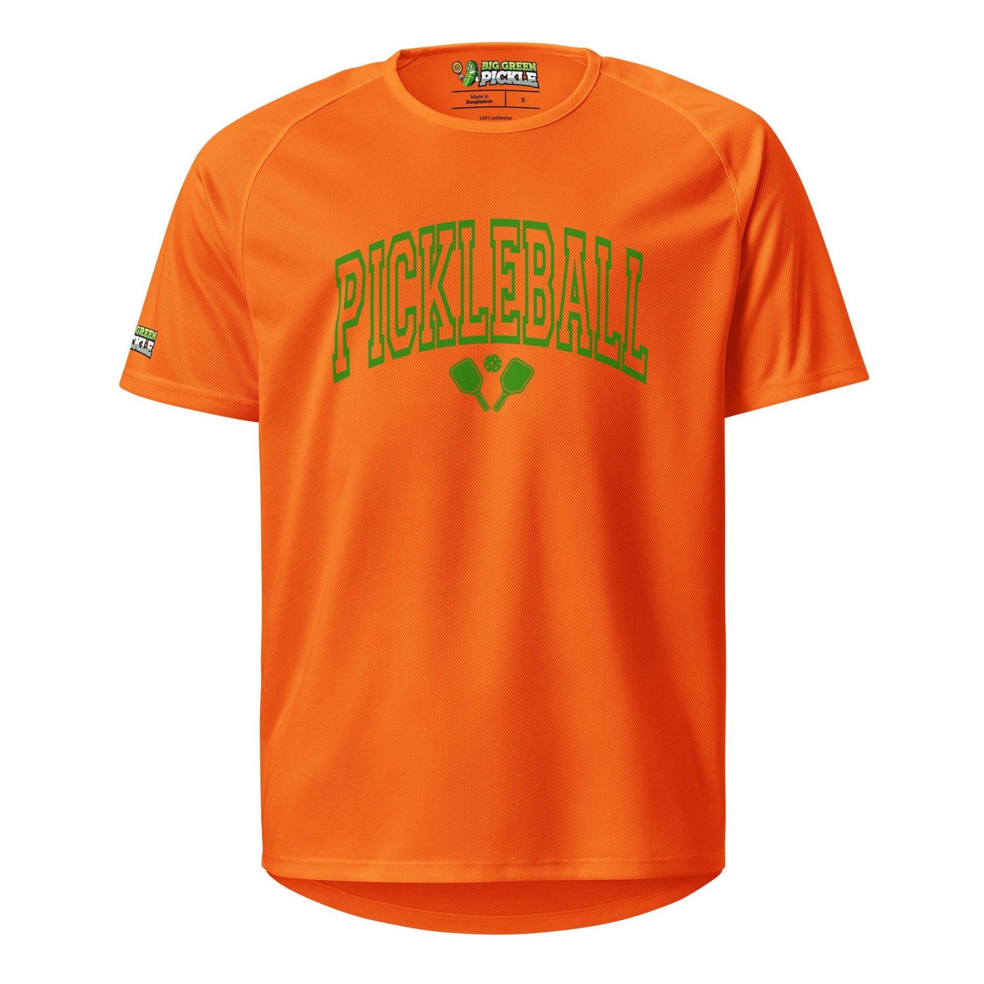 Green Arched Letters "PICKLEBALL" on Moisture Wicking Polyester Mesh T-Shirt - Neon Orange