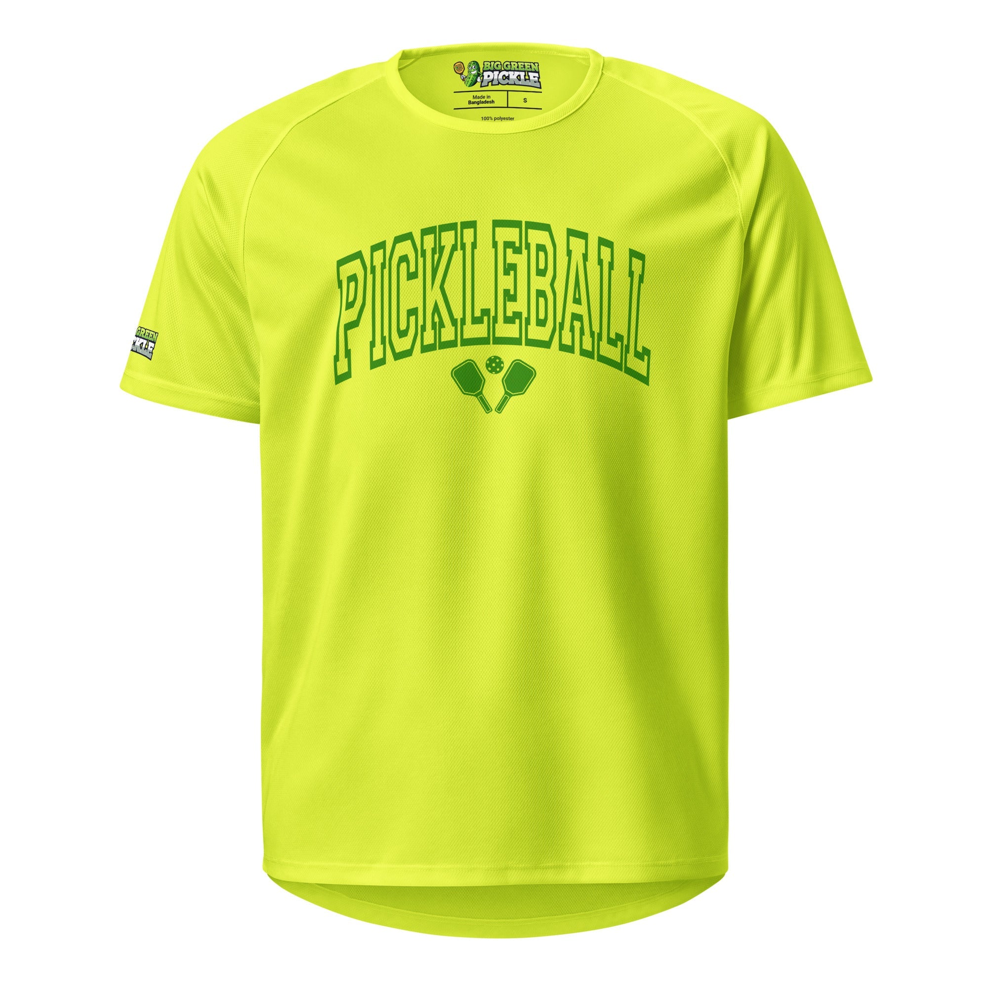 Green Arched Letters "PICKLEBALL" on Moisture Wicking Polyester Mesh T-Shirt - Neon Yellow