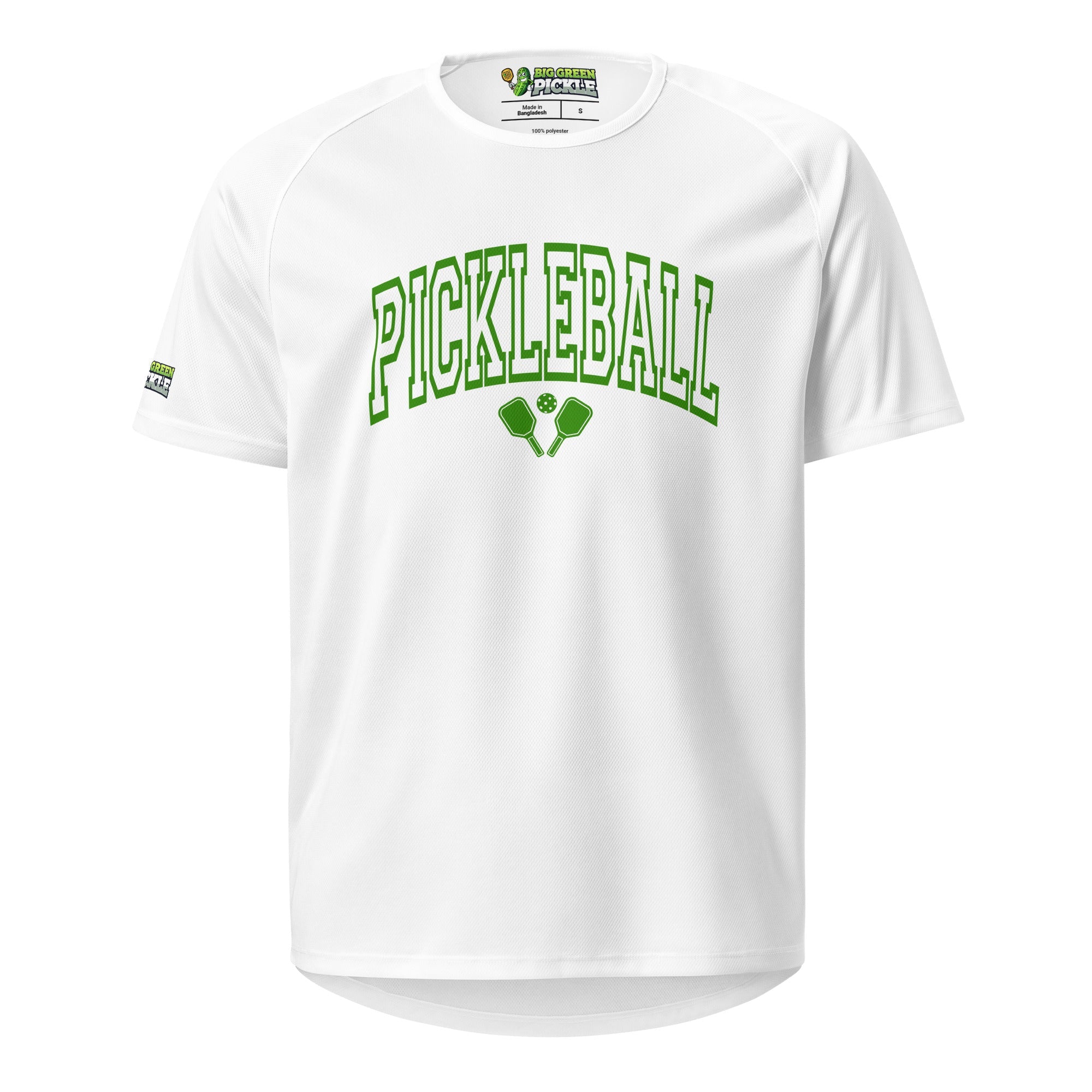 Green Arched Letters "PICKLEBALL" on Moisture Wicking Polyester Mesh T-Shirt - White