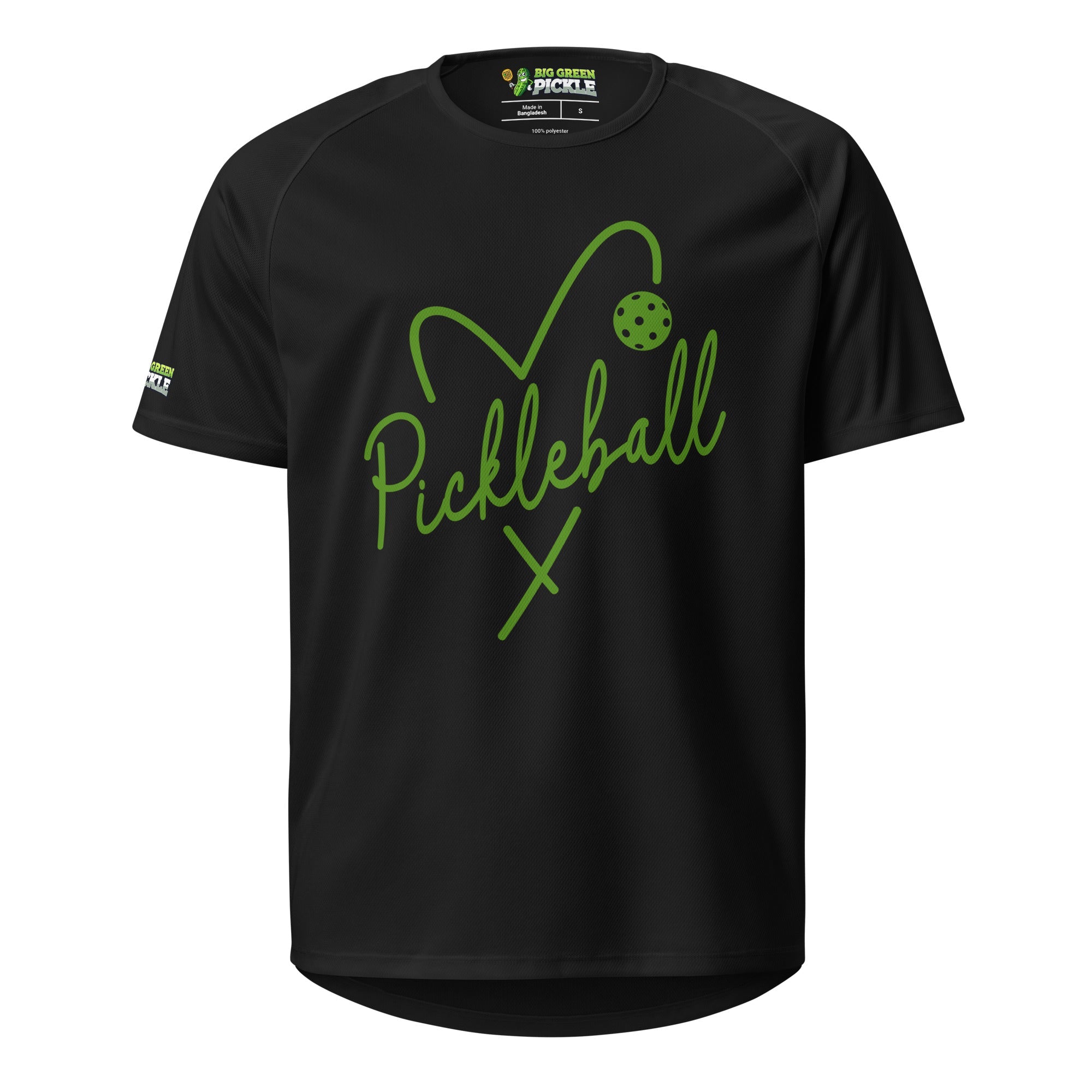 Green Heart Pickleball Moisture Wicking Polyester T-Shirt - Black