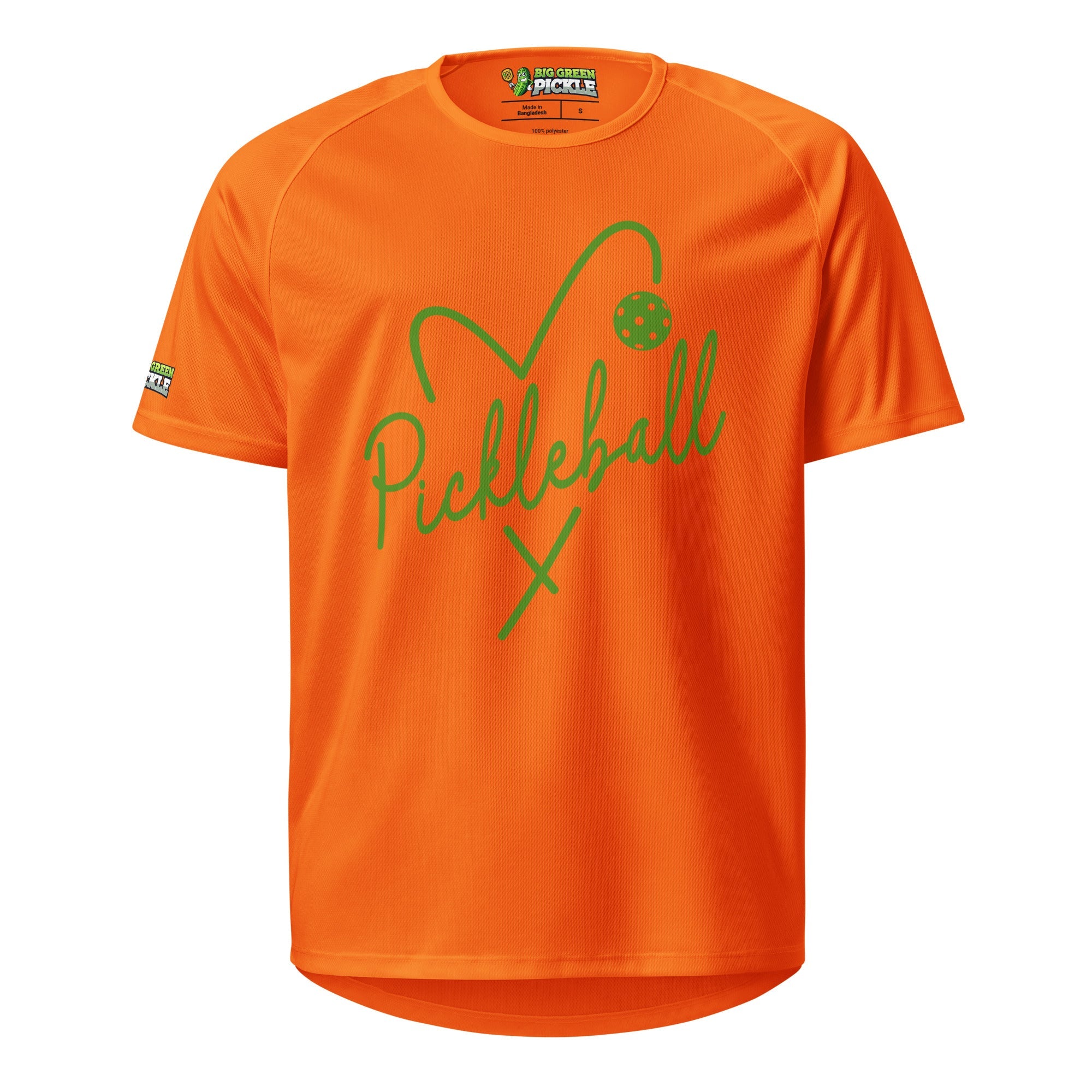 Green Heart Pickleball Moisture Wicking Polyester T-Shirt - Neon Orange