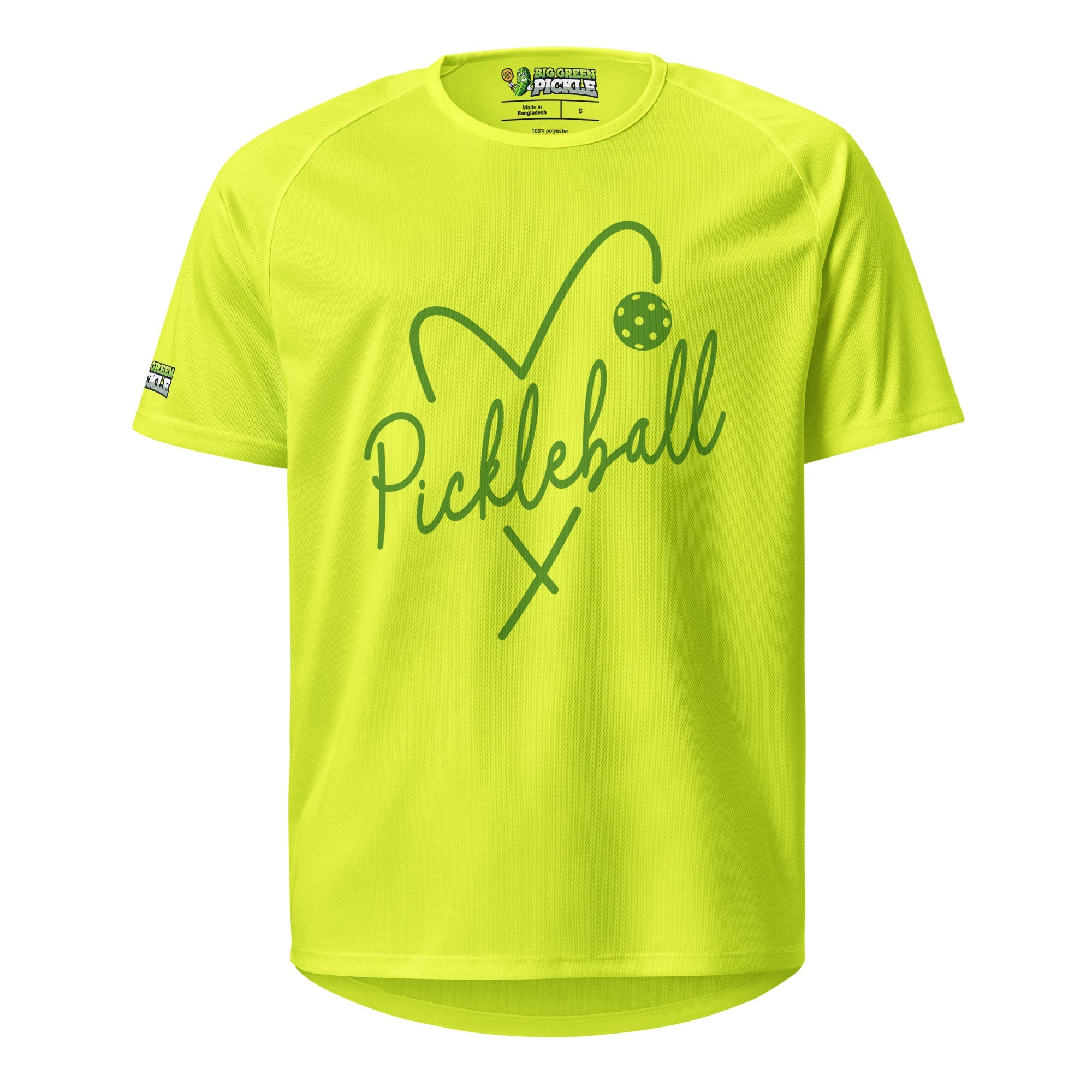 Green Heart Pickleball Moisture Wicking Polyester T-Shirt - Neon Yellow