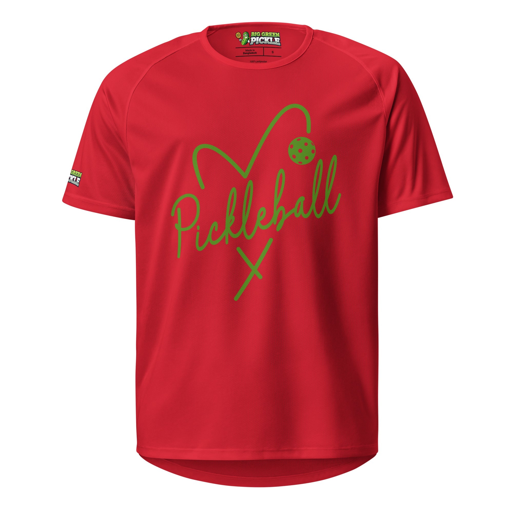 Green Heart Pickleball Moisture Wicking Polyester T-Shirt - Red