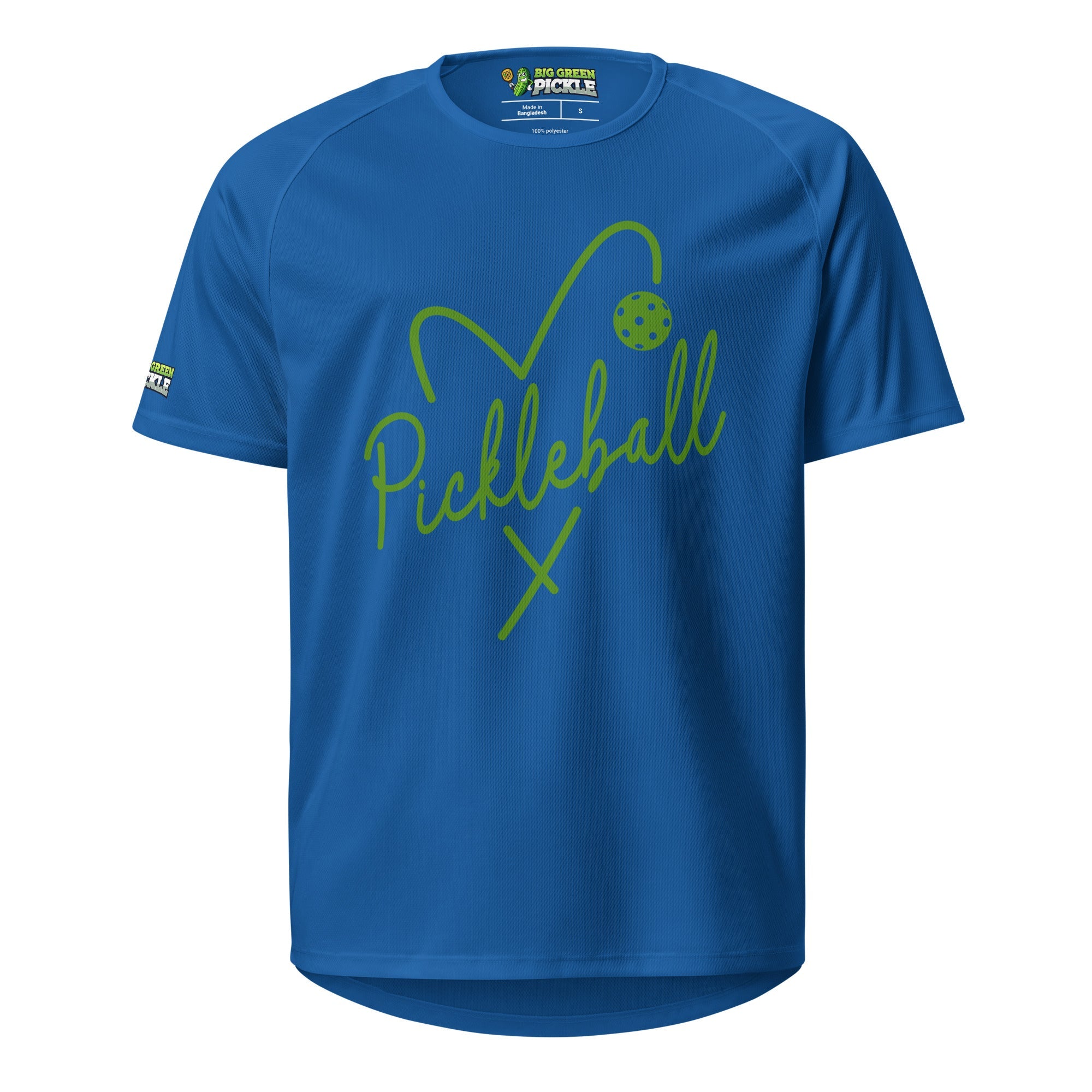 Green Heart Pickleball Moisture Wicking Polyester T-Shirt - Royal Blue