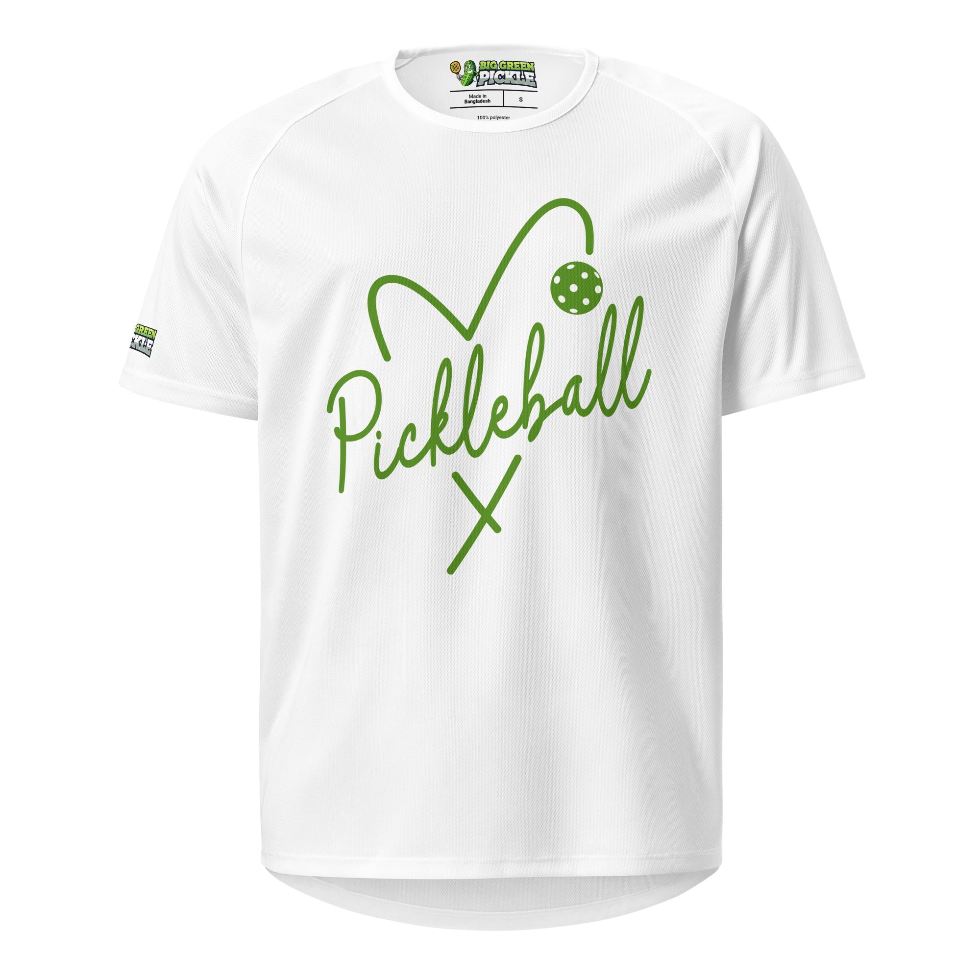 Green Heart Pickleball Moisture Wicking Polyester T-Shirt - White