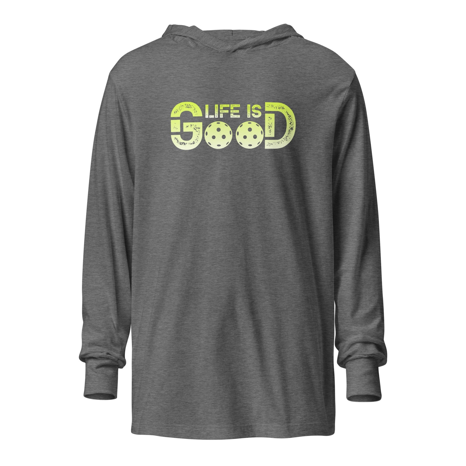 Life is Good Pickleball Hooded Long Sleeve Tee – Double Pickleball Vibes - Grey Triblend