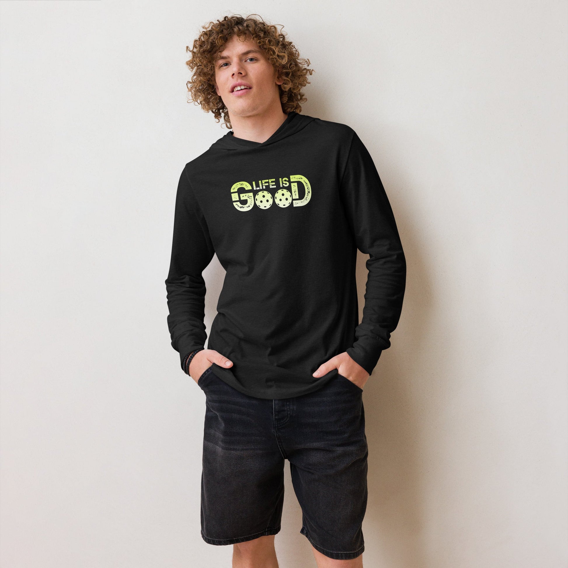 Life is Good Pickleball Hooded Long Sleeve Tee – Double Pickleball Vibes - Heather True Royal
