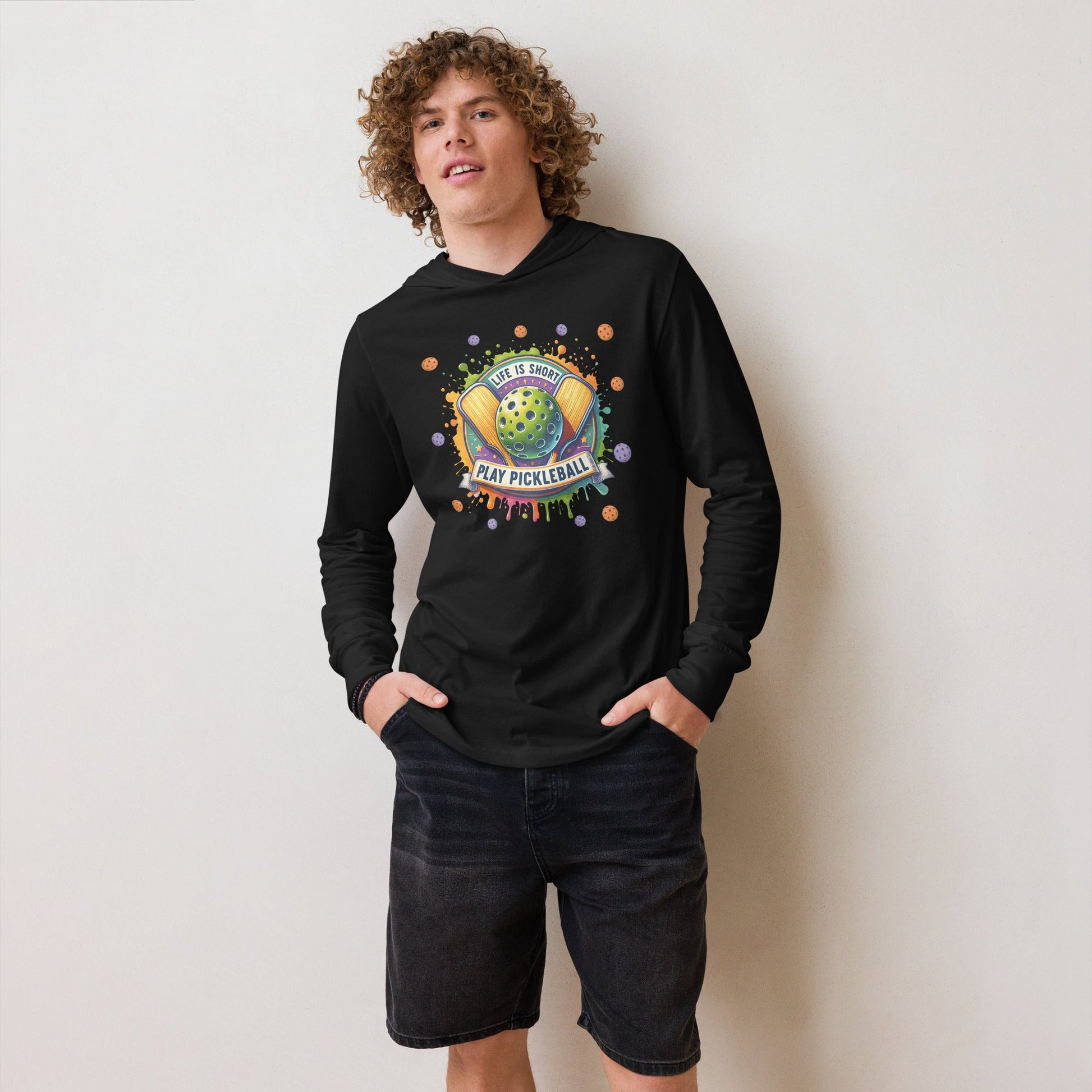 Life Is Short Play Pickleball Hooded Long - Sleeve Tee - Black