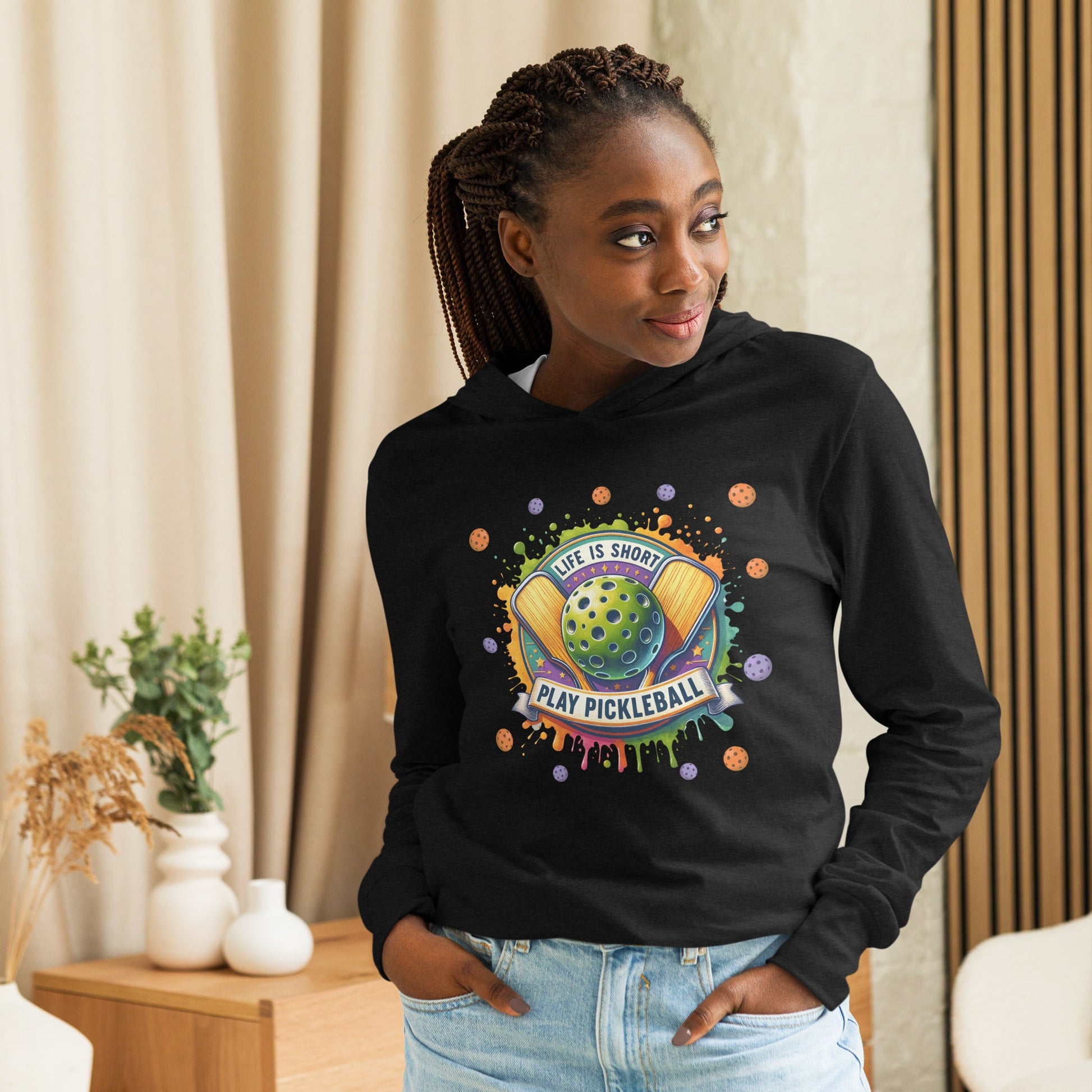 Life Is Short Play Pickleball Hooded Long - Sleeve Tee - Charcoal - Black Triblend