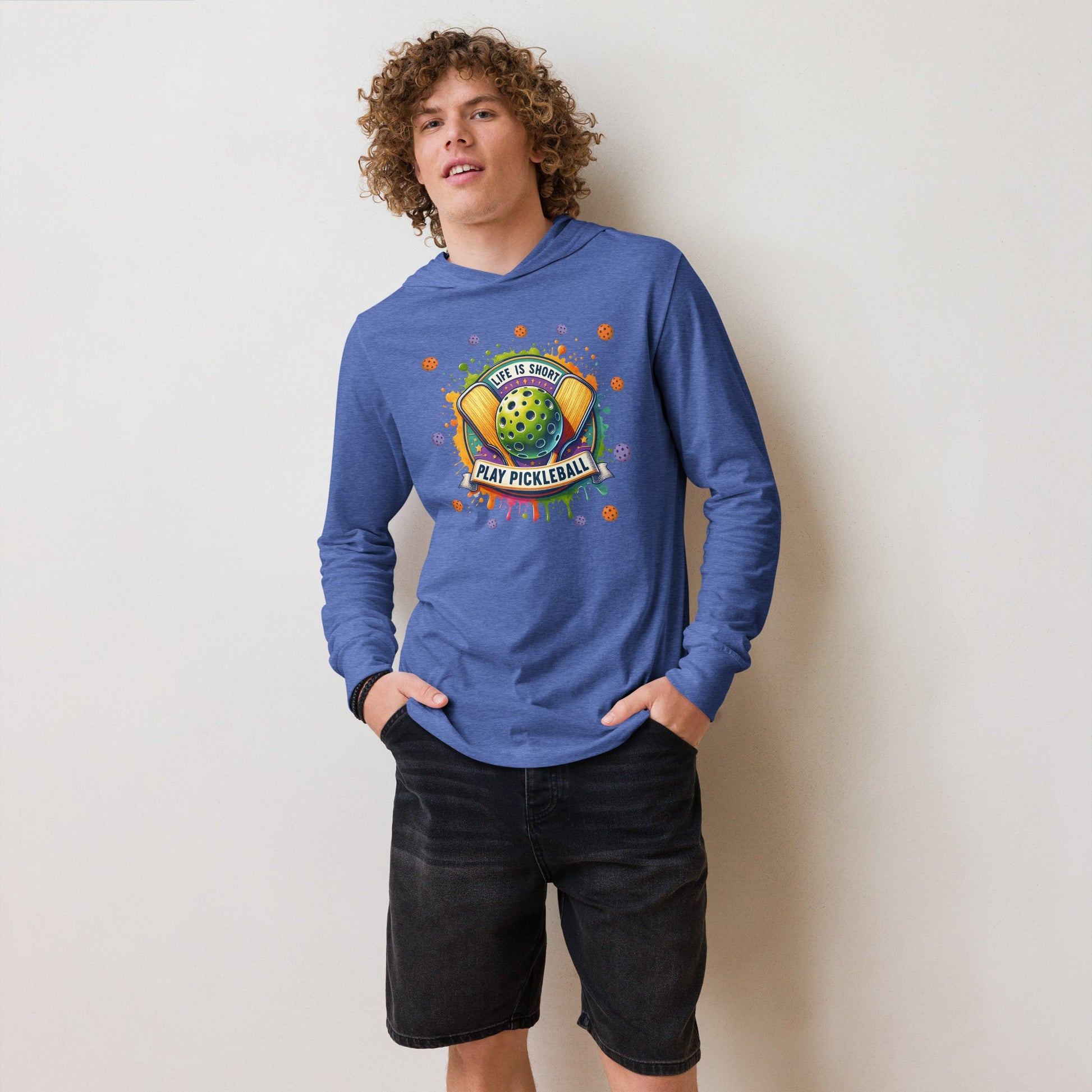 Life Is Short Play Pickleball Hooded Long - Sleeve Tee - Heather True Royal