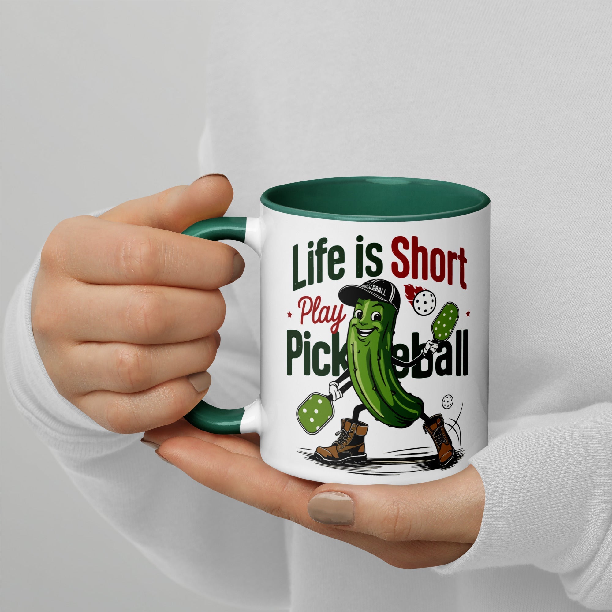 Life Is Short Play Pickleball Mug – Color Handle & Inside - Dark green