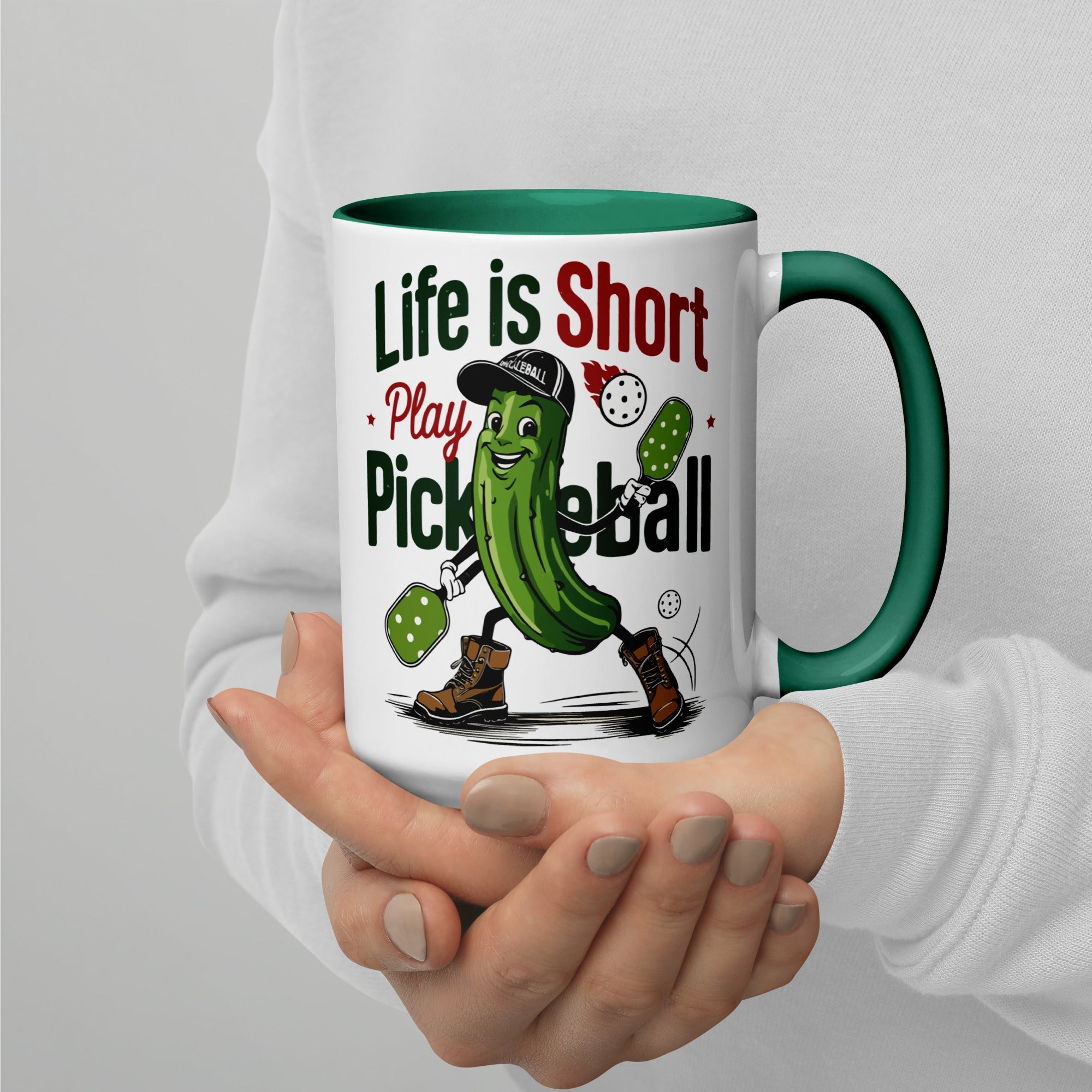 Life Is Short Play Pickleball Mug – Color Handle & Inside - Dark green