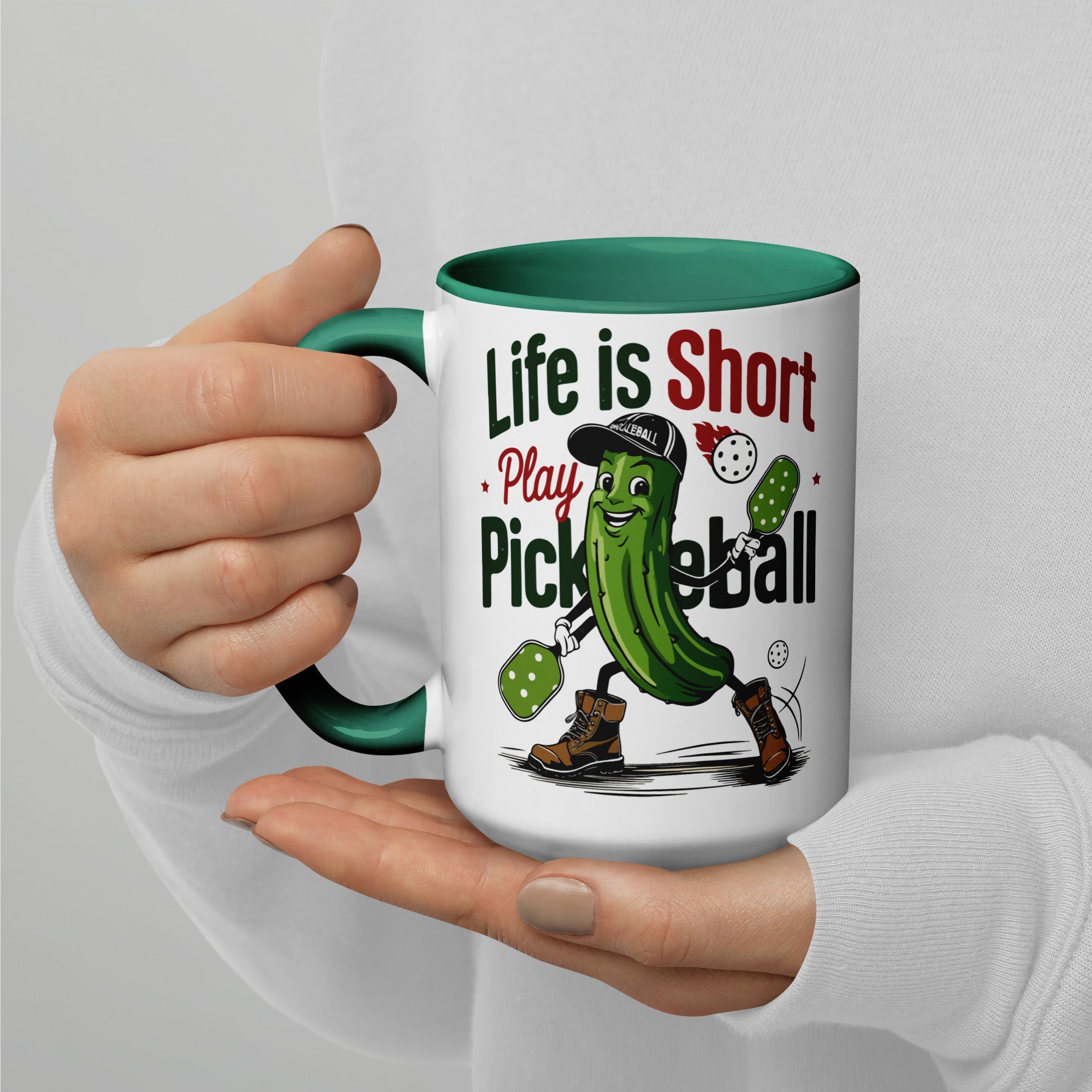 Life Is Short Play Pickleball Mug – Color Handle & Inside - Dark green