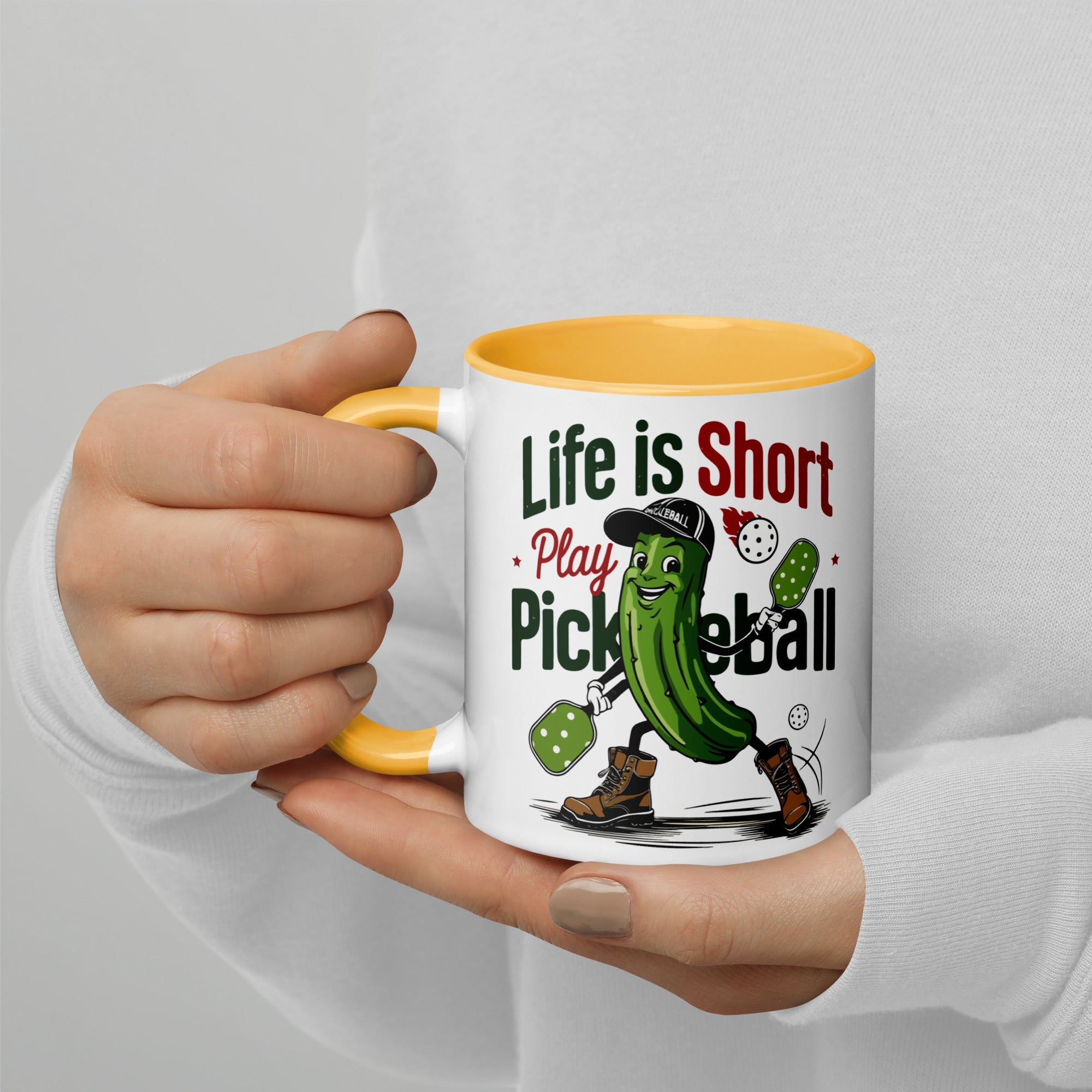 Life Is Short Play Pickleball Mug – Color Handle & Inside - Golden Yellow