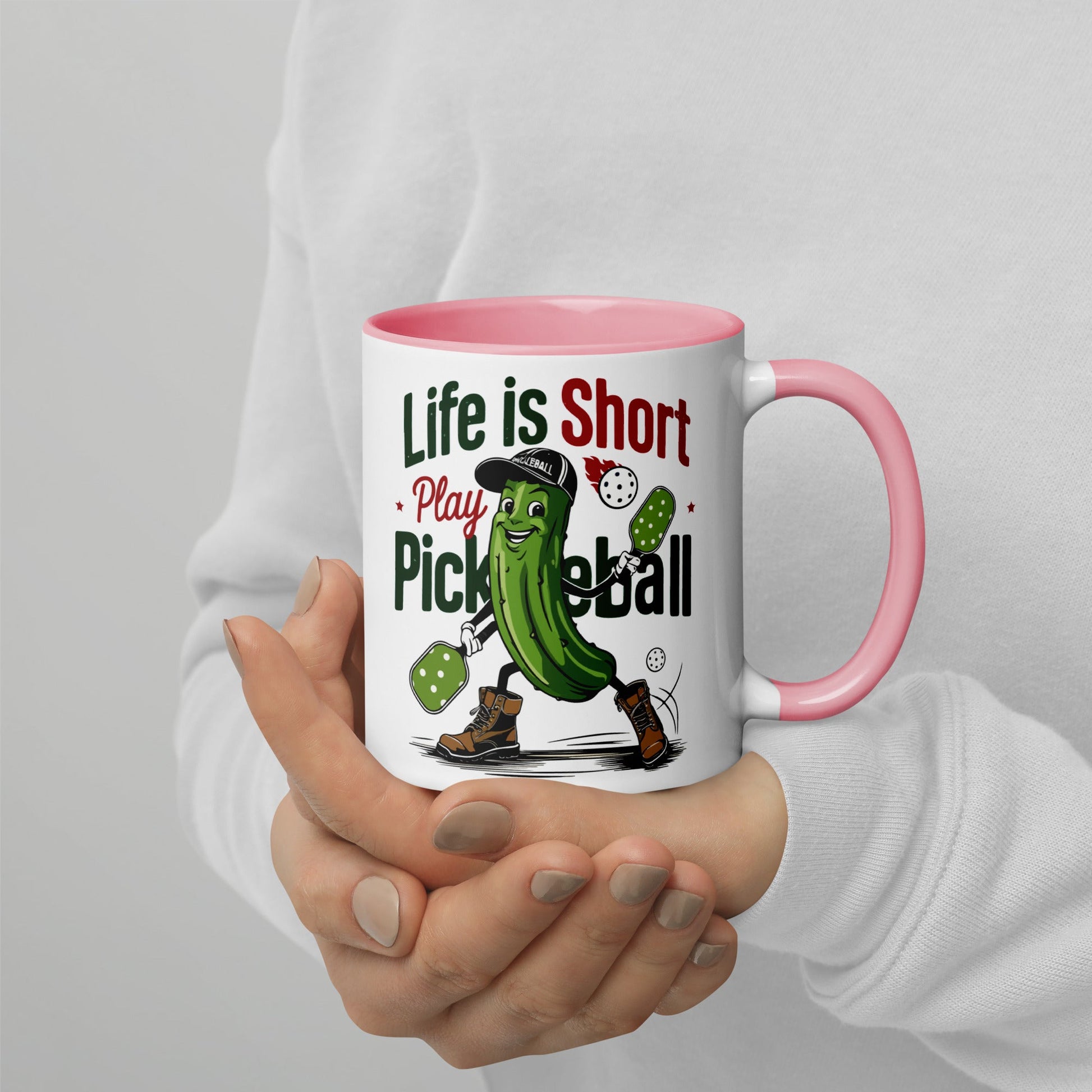Life Is Short Play Pickleball Mug – Color Handle & Inside - Pink