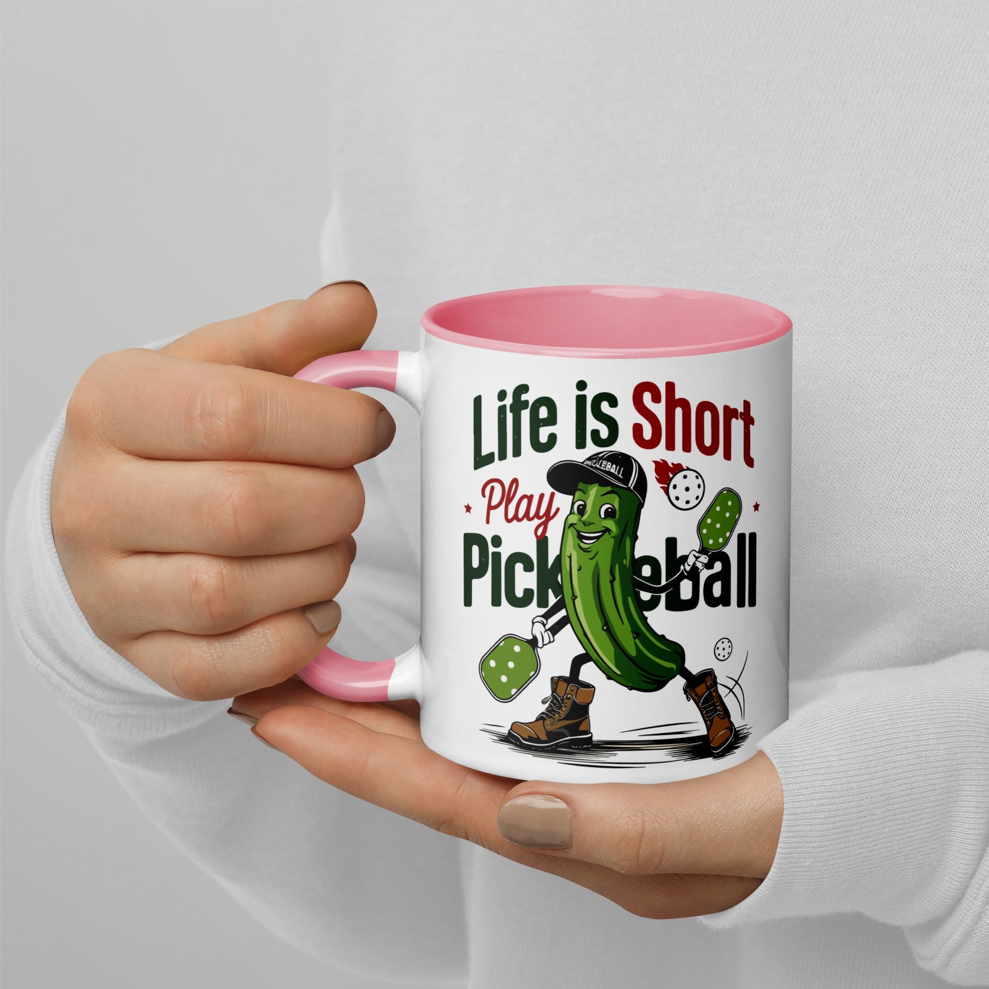 Life Is Short Play Pickleball Mug – Color Handle & Inside - Pink