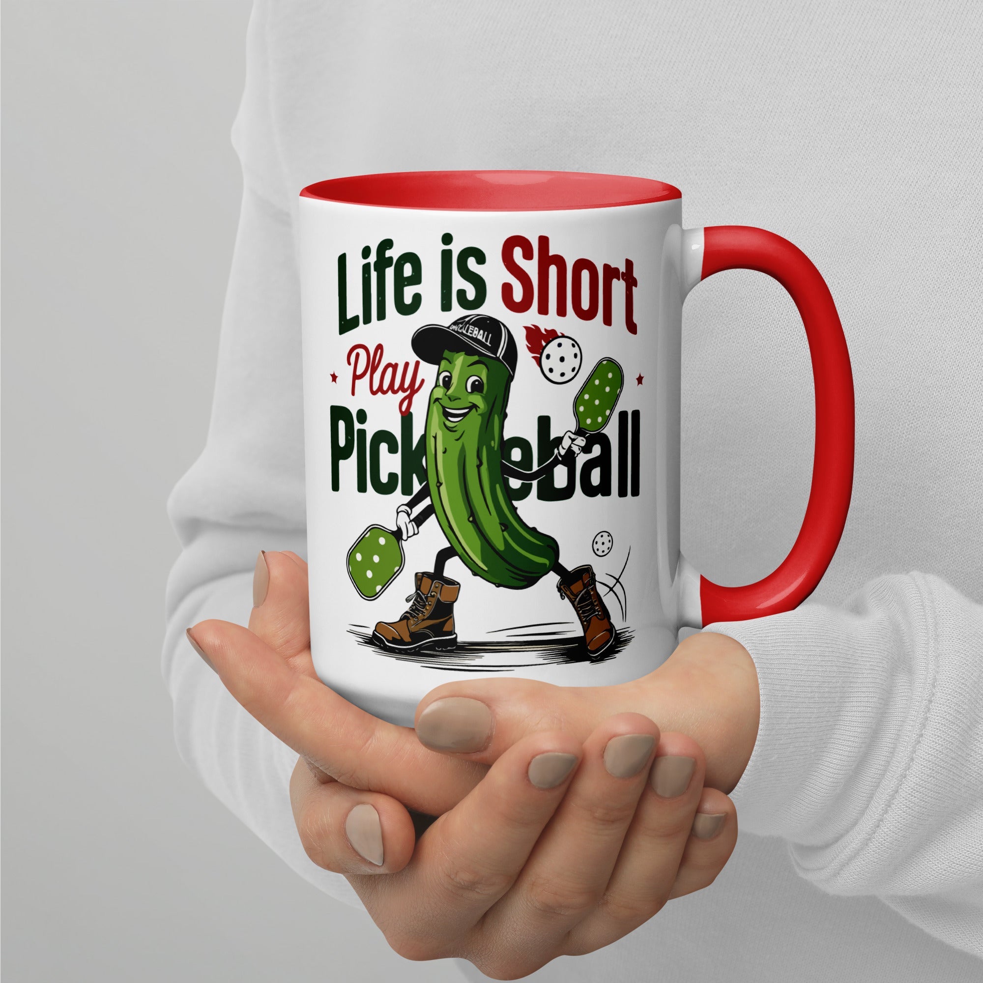 Life Is Short Play Pickleball Mug – Color Handle & Inside - Red