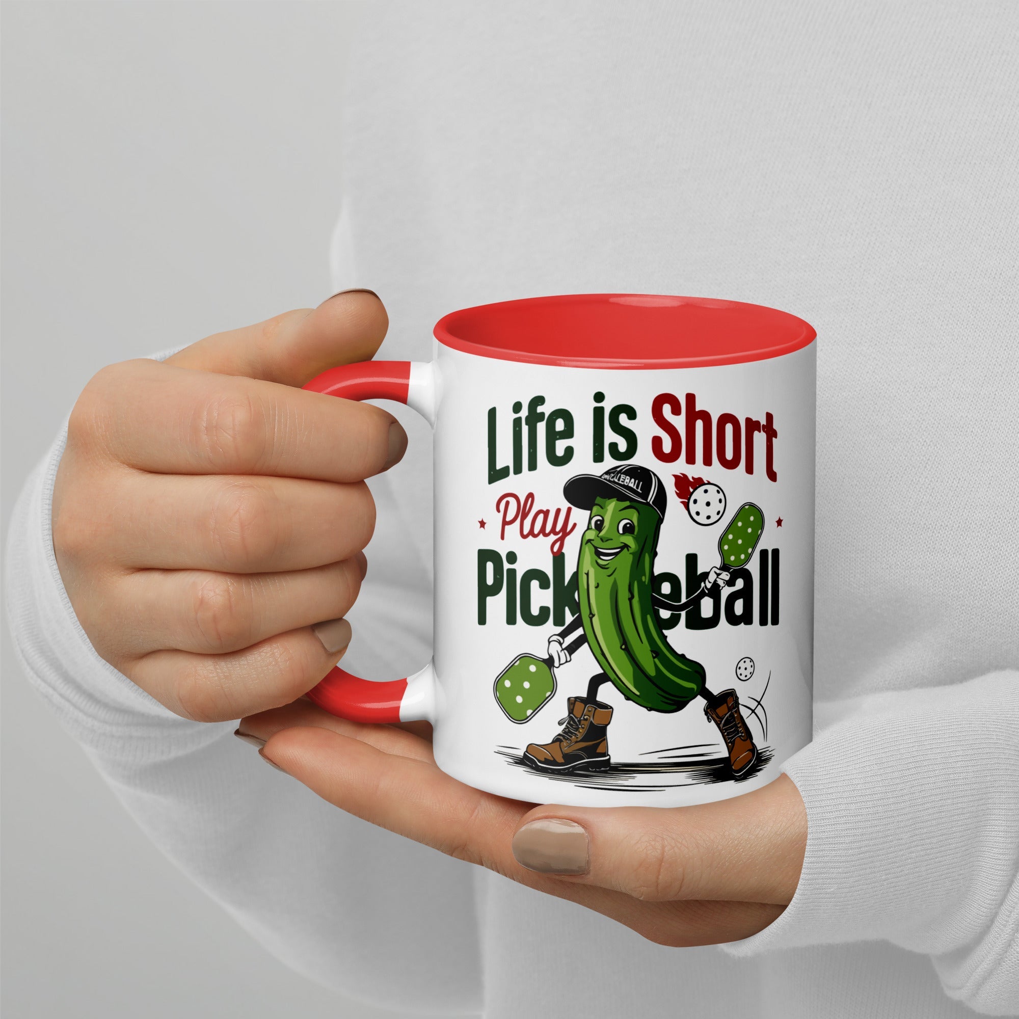 Life Is Short Play Pickleball Mug – Color Handle & Inside - Red