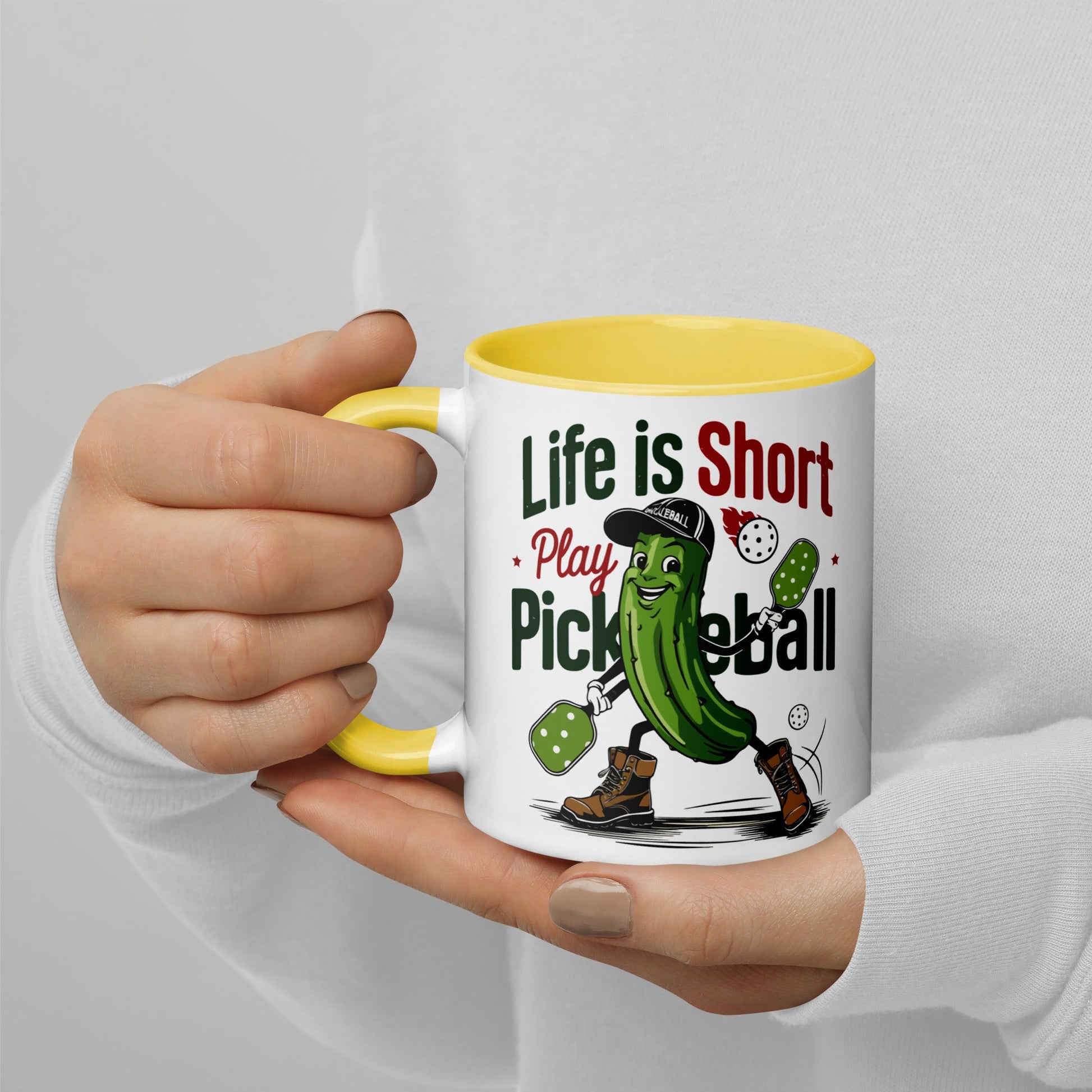 Life Is Short Play Pickleball Mug – Color Handle & Inside - Yellow