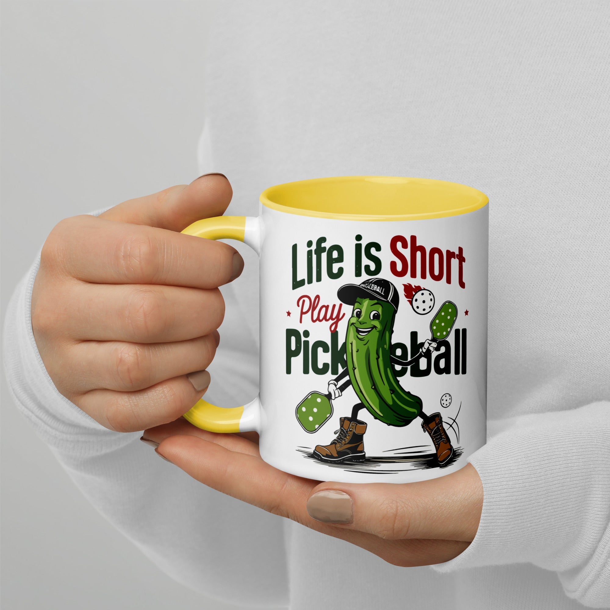 Life Is Short Play Pickleball Mug – Color Handle & Inside - Yellow