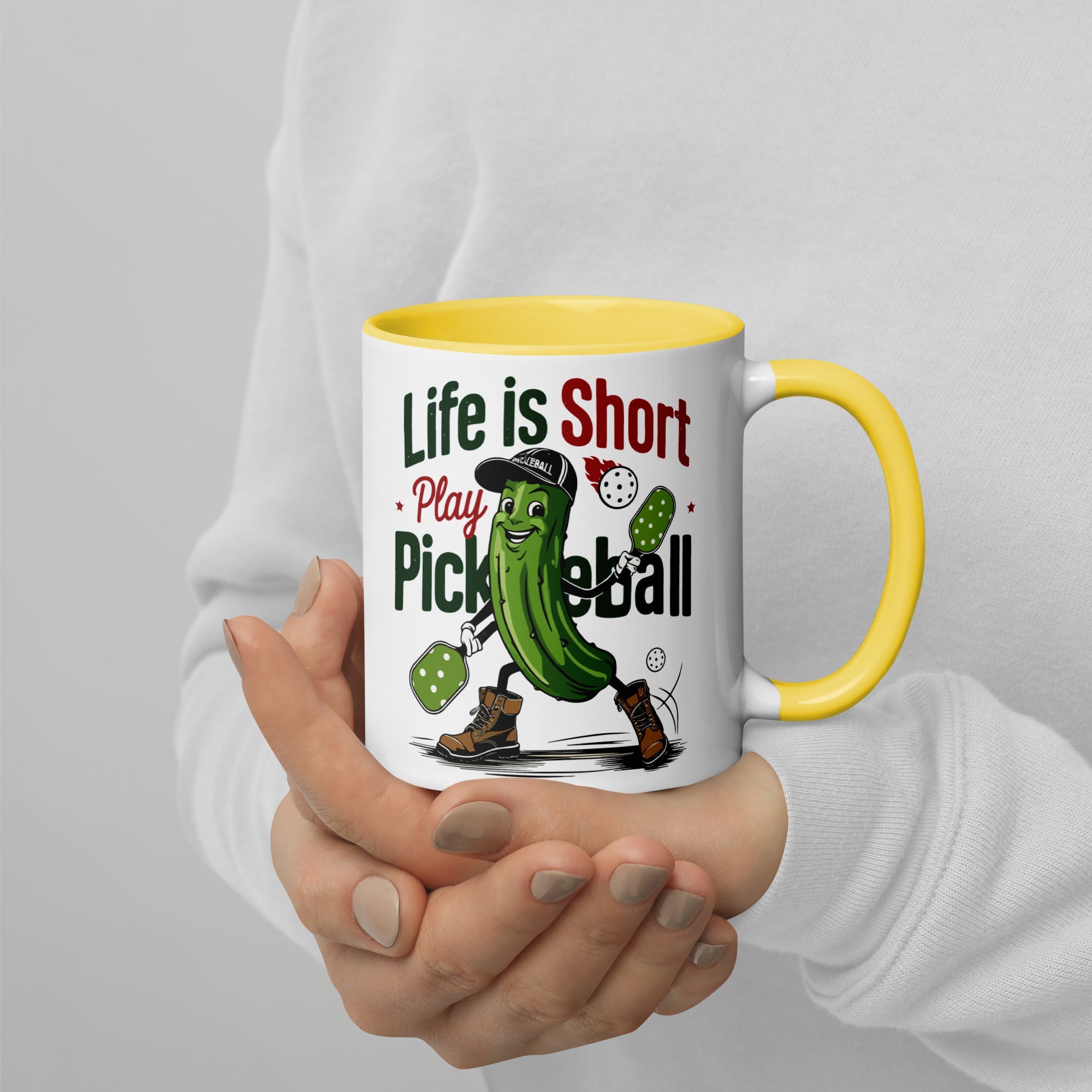Life Is Short Play Pickleball Mug – Color Handle & Inside - Yellow