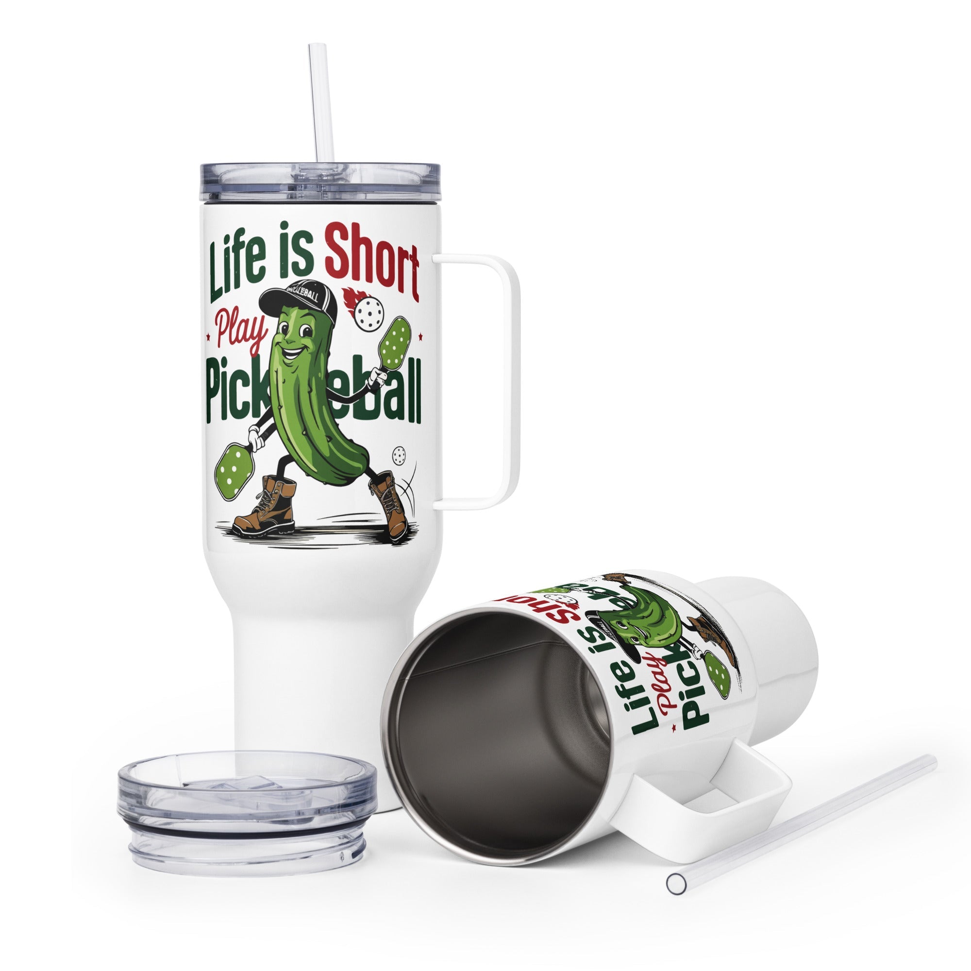 Life Is Short Play Pickleball Travel Mug with Handle - 40 oz