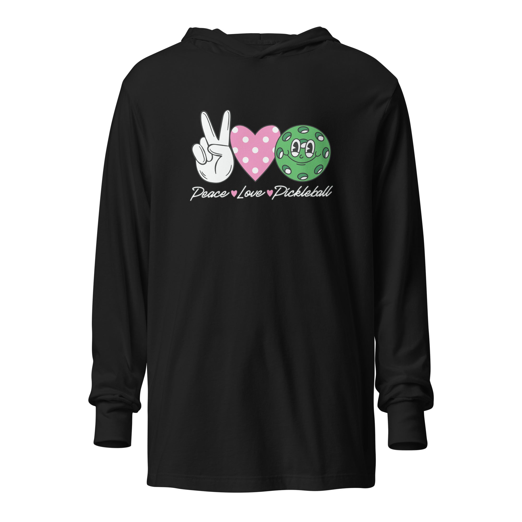 Peace Love Pickleball hooded long - sleeve tee - Black