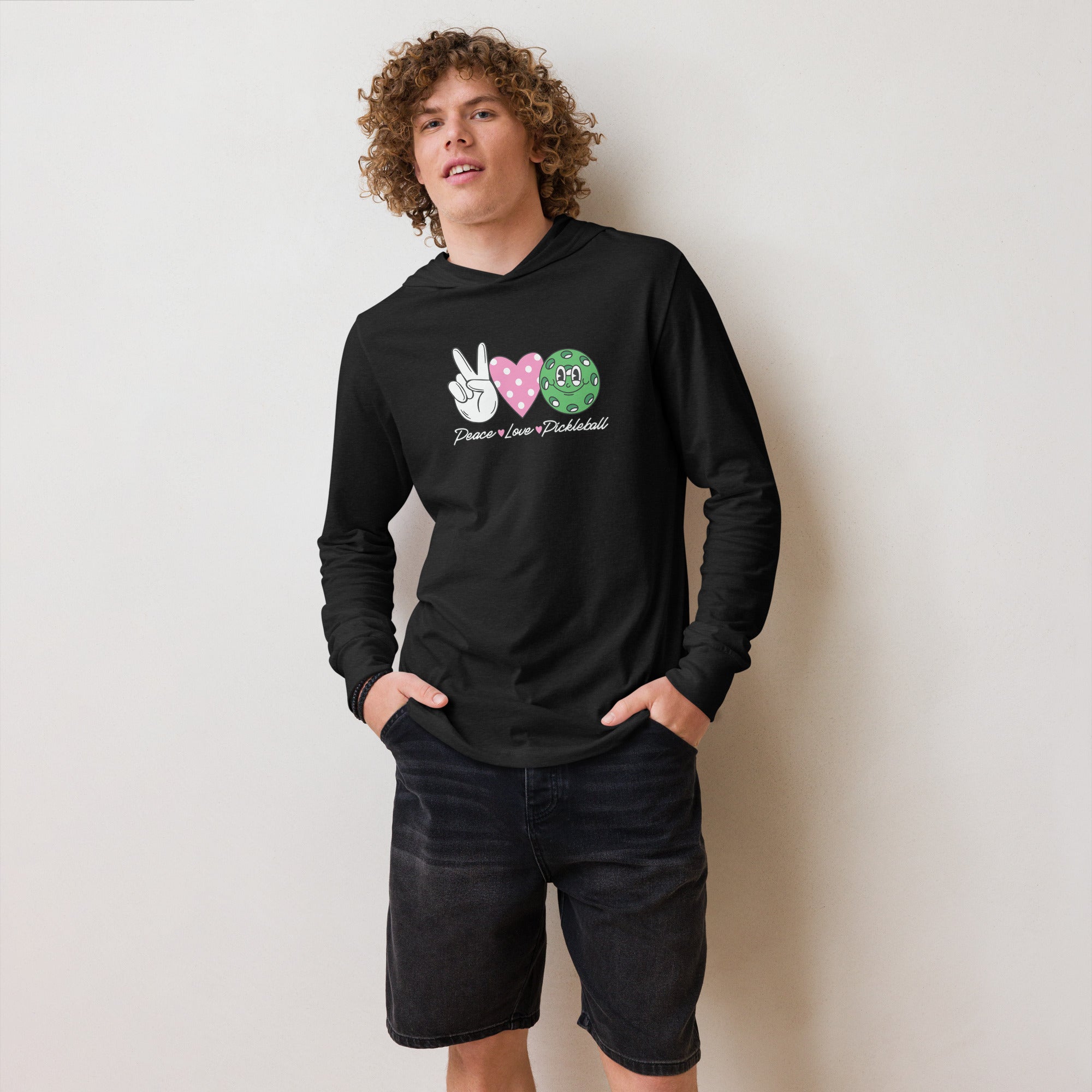 Peace Love Pickleball hooded long - sleeve tee - Charcoal - Black Triblend