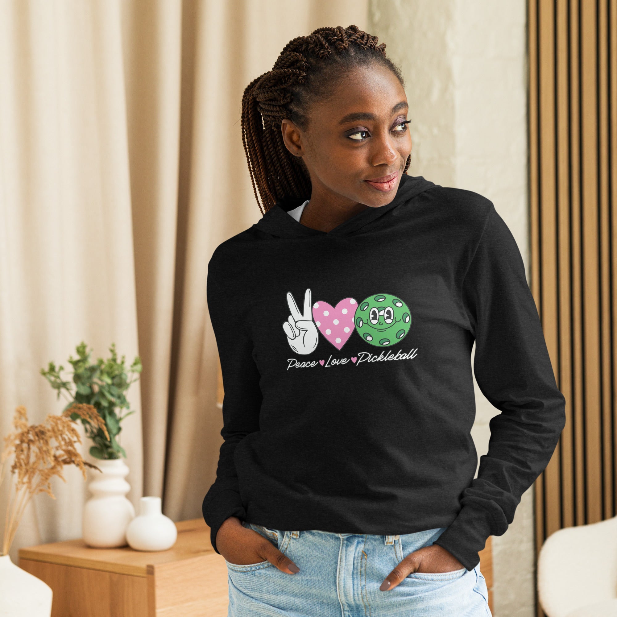 Peace Love Pickleball hooded long - sleeve tee - Charcoal - Black Triblend