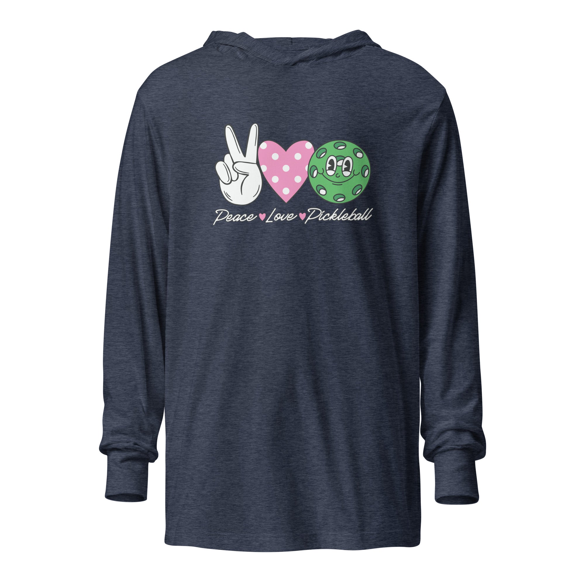 Peace Love Pickleball hooded long - sleeve tee - Heather Navy