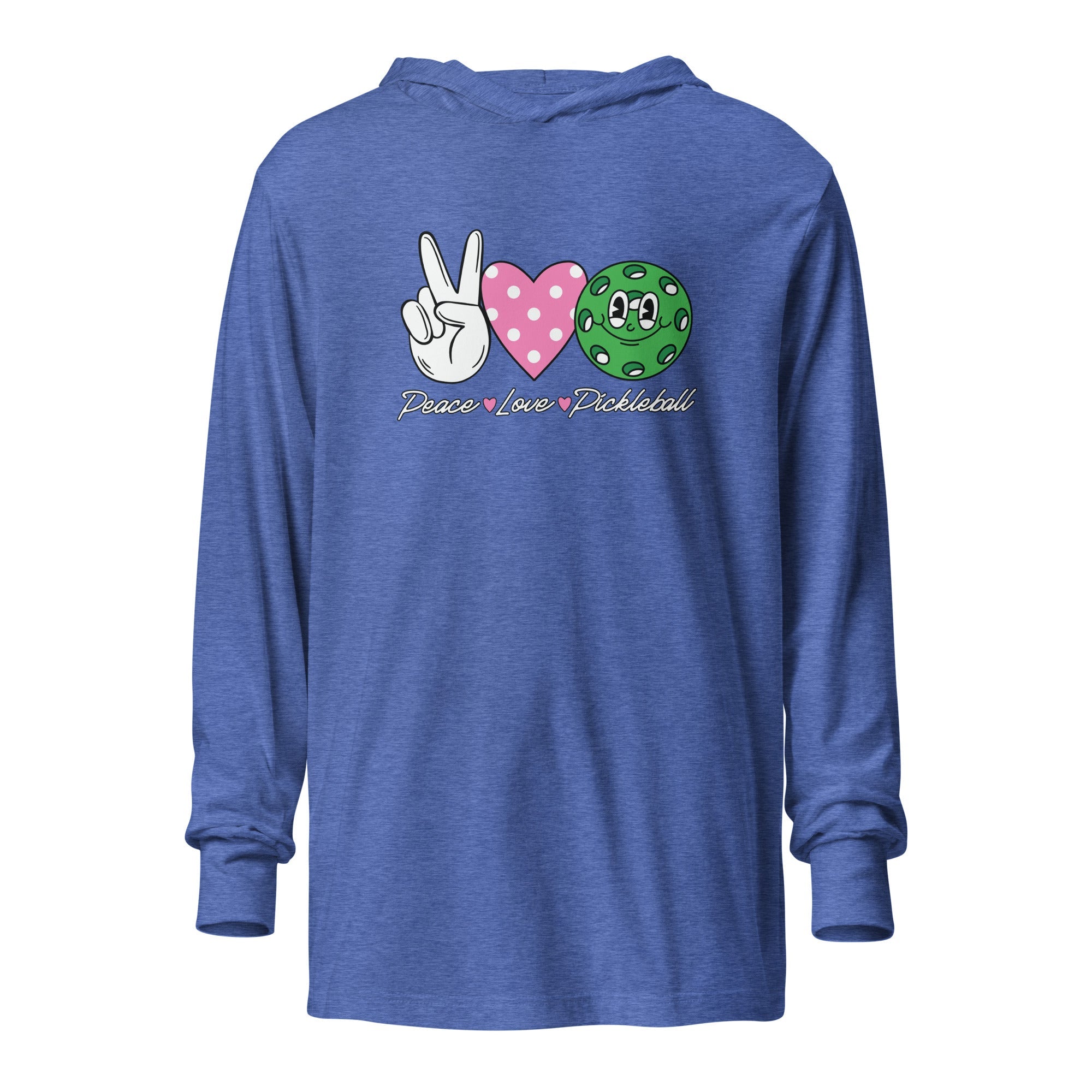 Peace Love Pickleball hooded long - sleeve tee - Heather True Royal