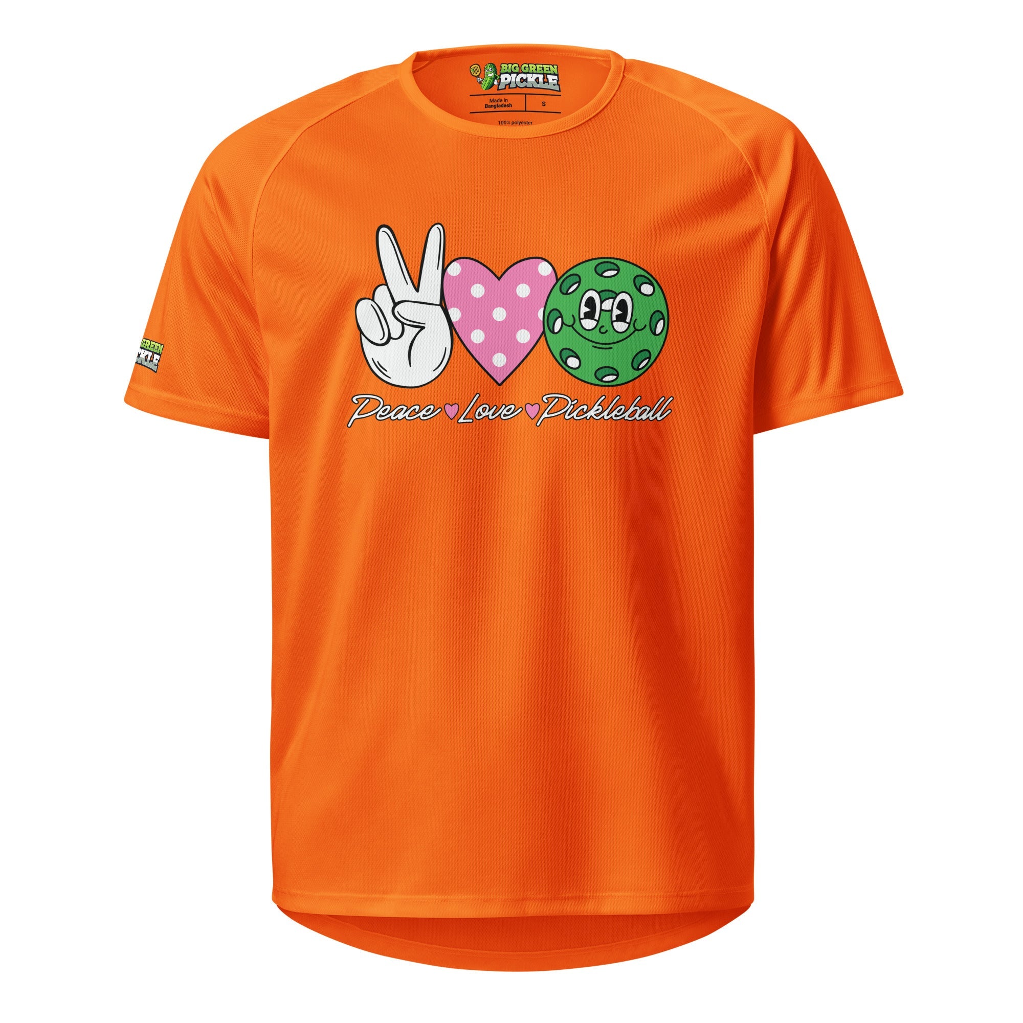 Peace Love Pickleball on Moisture Wicking Polyester Mesh T-Shirt - Neon Orange