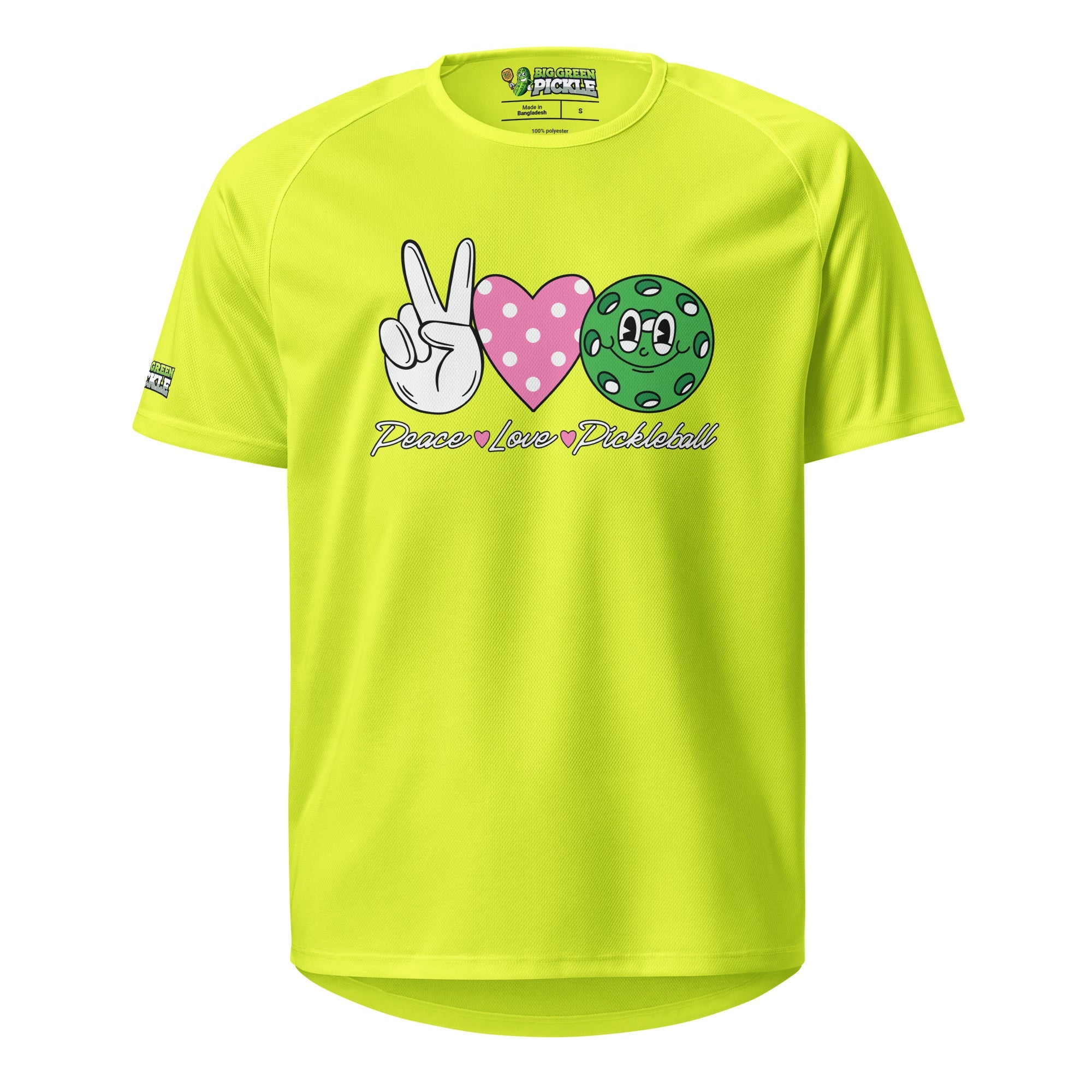 Peace Love Pickleball on Moisture Wicking Polyester Mesh T-Shirt - Neon Yellow