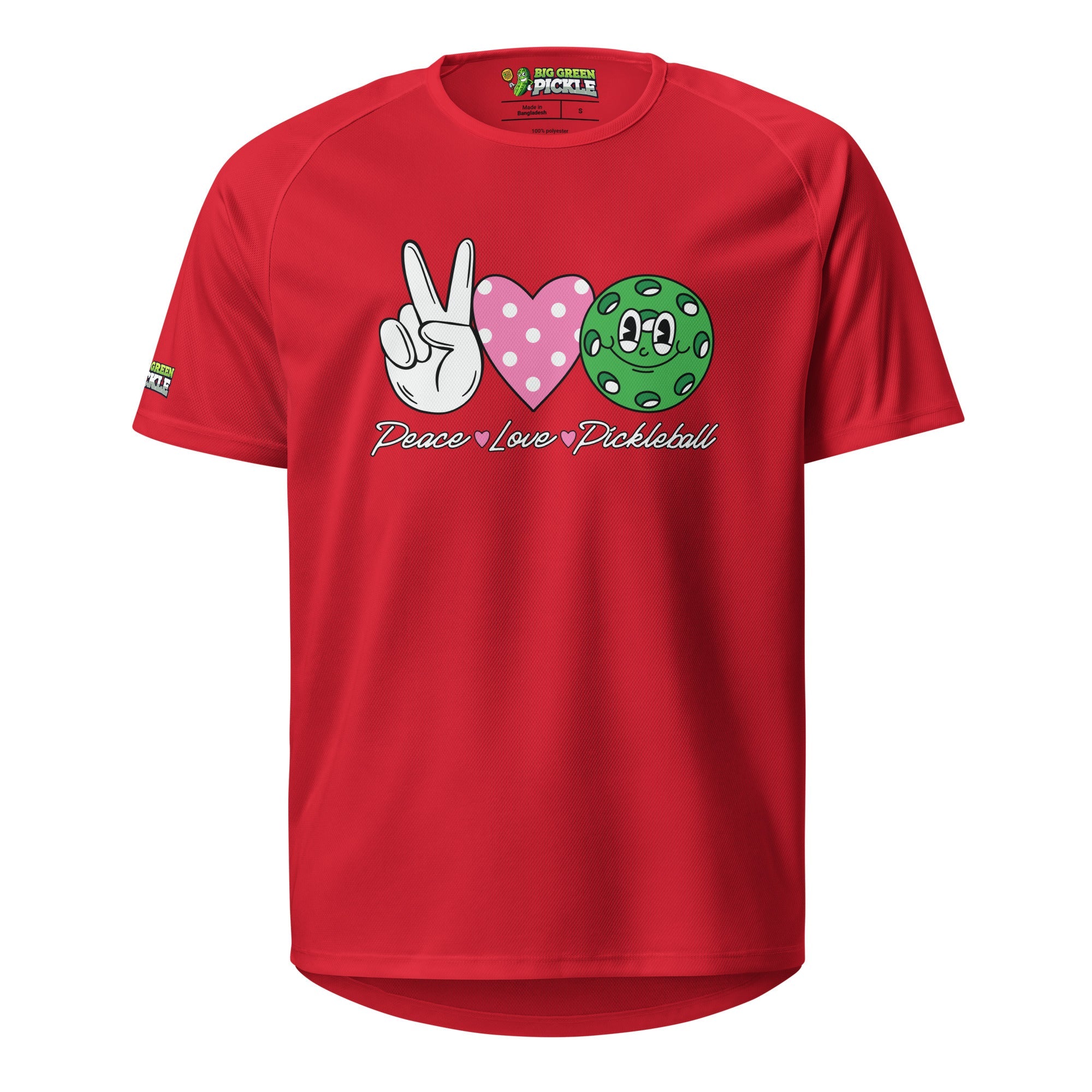 Peace Love Pickleball on Moisture Wicking Polyester Mesh T-Shirt - Red